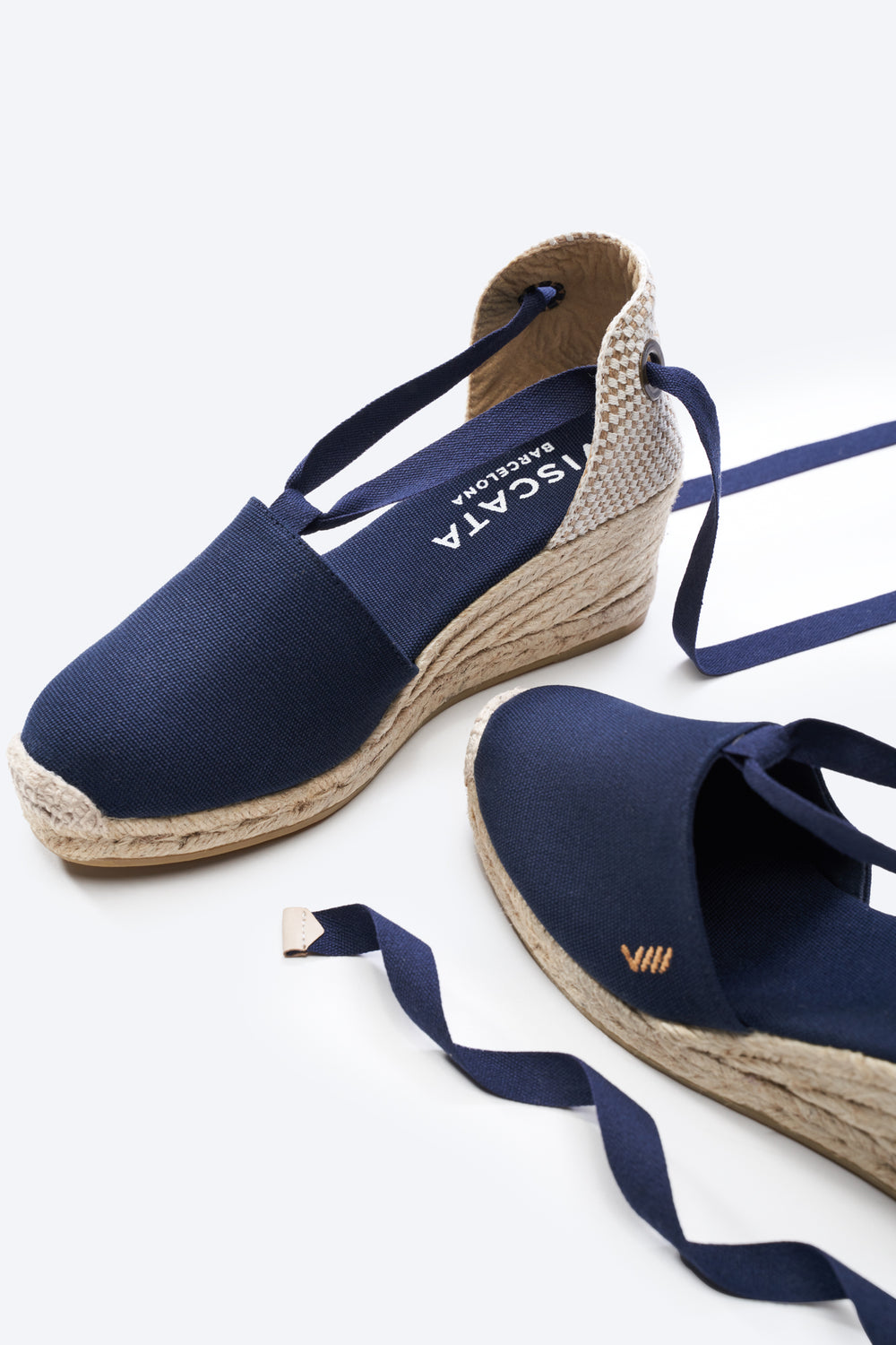Escala Navy Blue Canvas Lace Up Women Closed Toe Espadrille Wedges