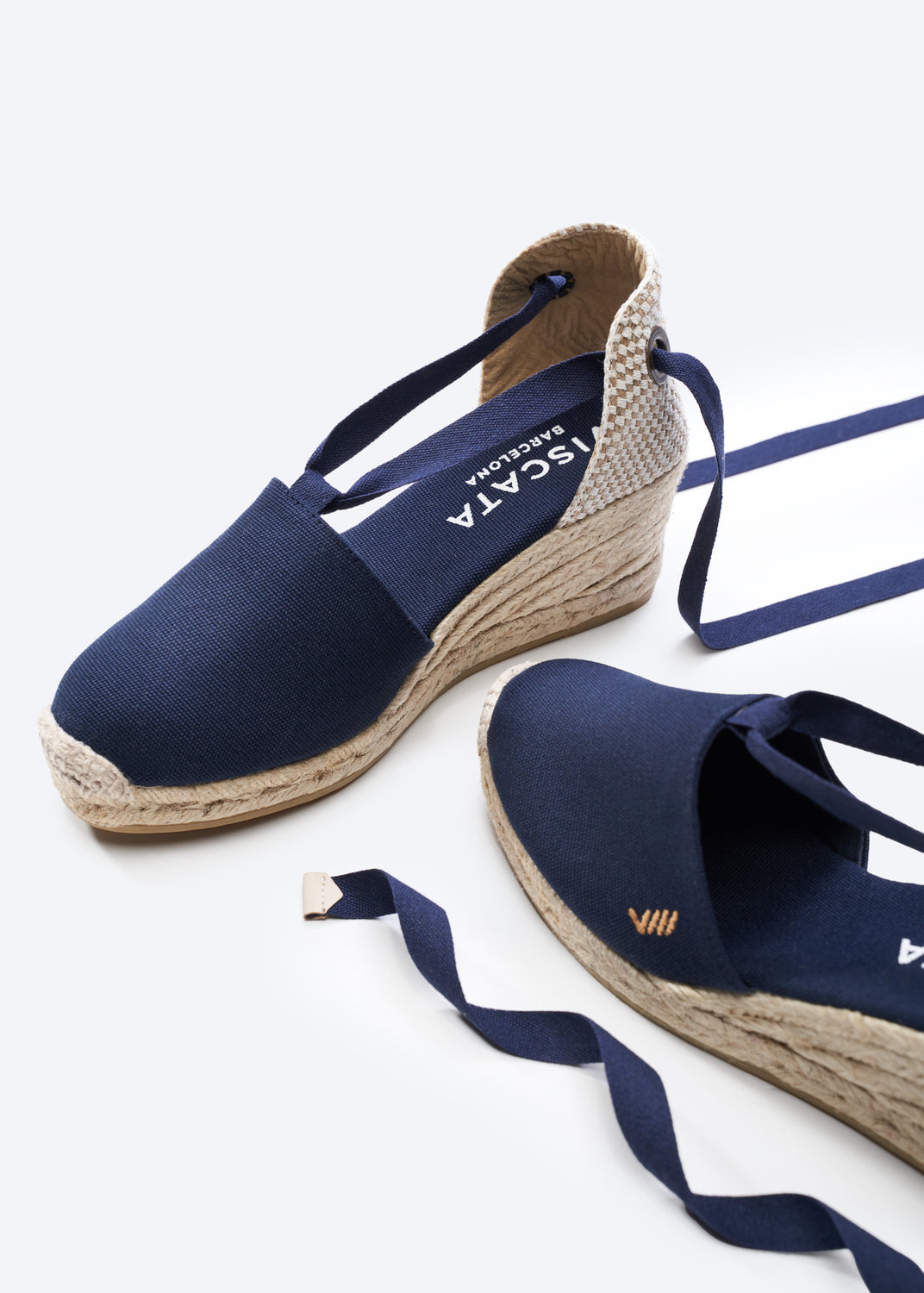 Escala Navy Blue Canvas Lace Up Women Closed Toe Espadrille Wedges