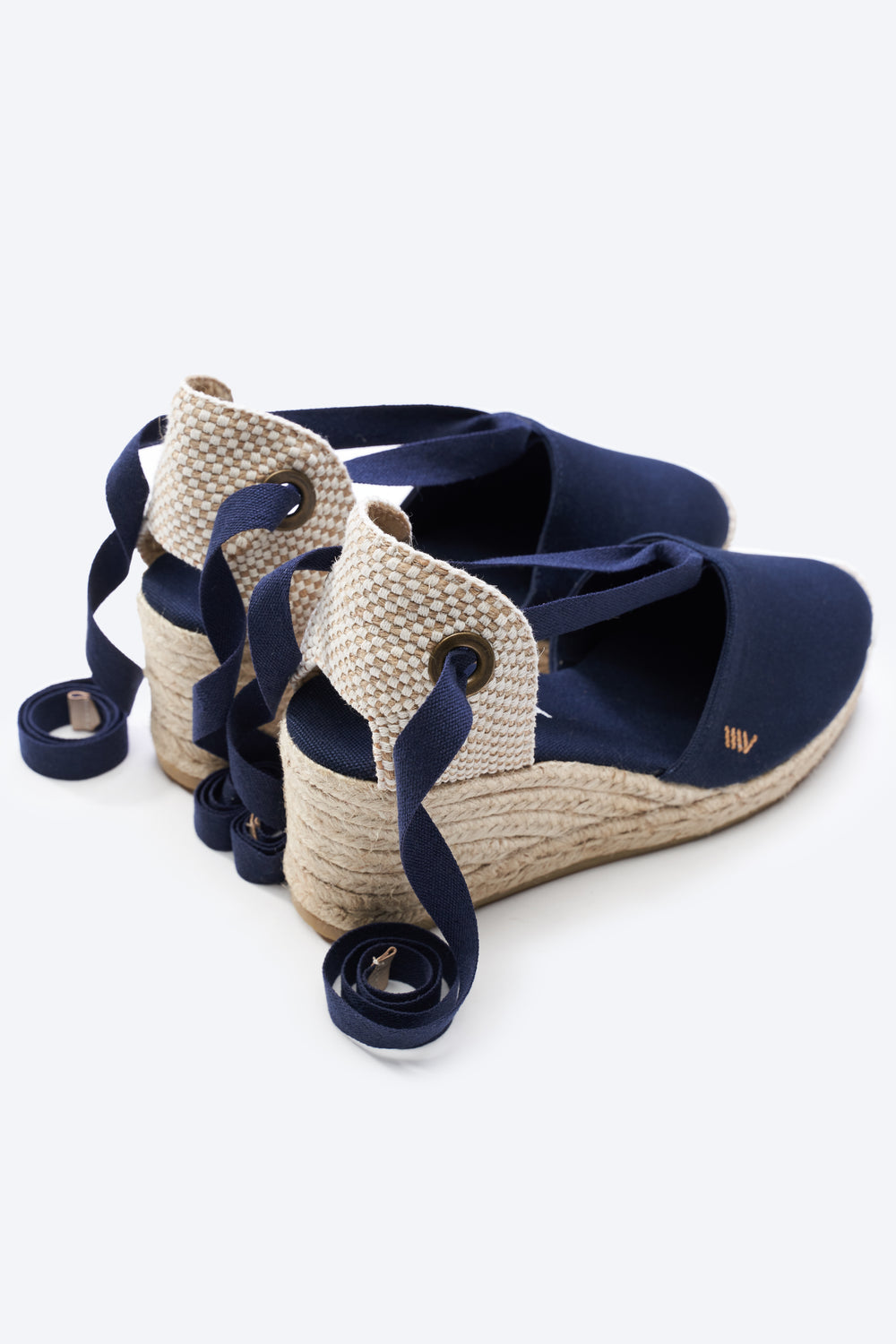 Escala Navy Blue Canvas Lace Up Women Espadrille Wedges Flexible Back Detail