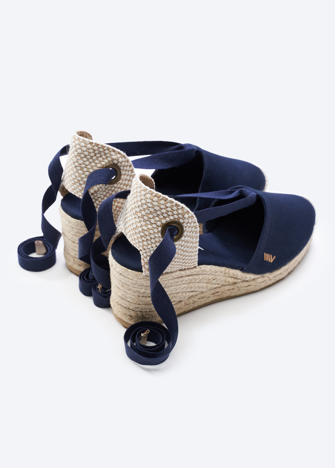 Escala Navy Blue Canvas Lace Up Women Espadrille Wedges Flexible Back Detail