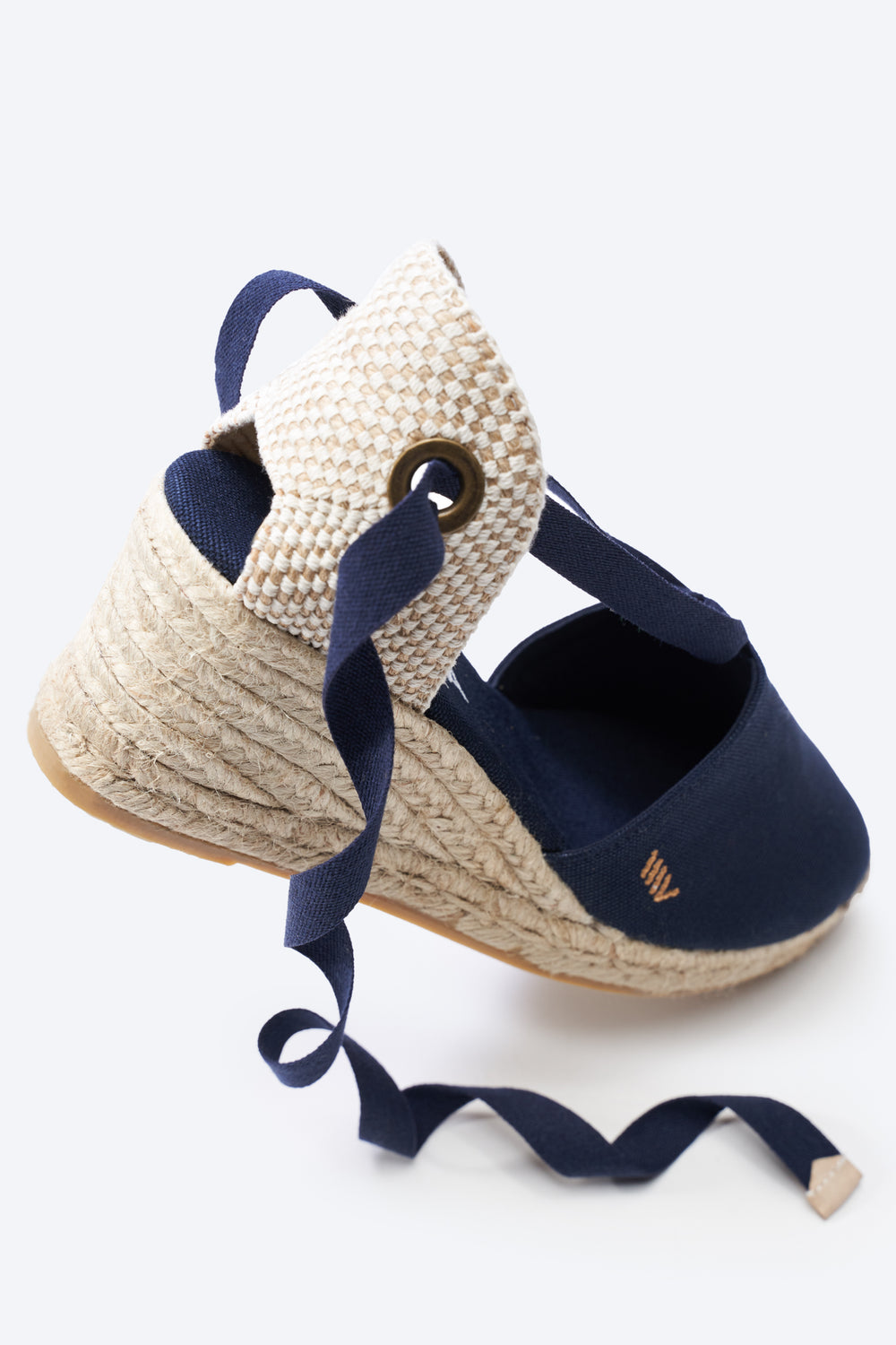 Escala Navy Blue Canvas Lace Up Women Espadrille Medium Heel Wedge