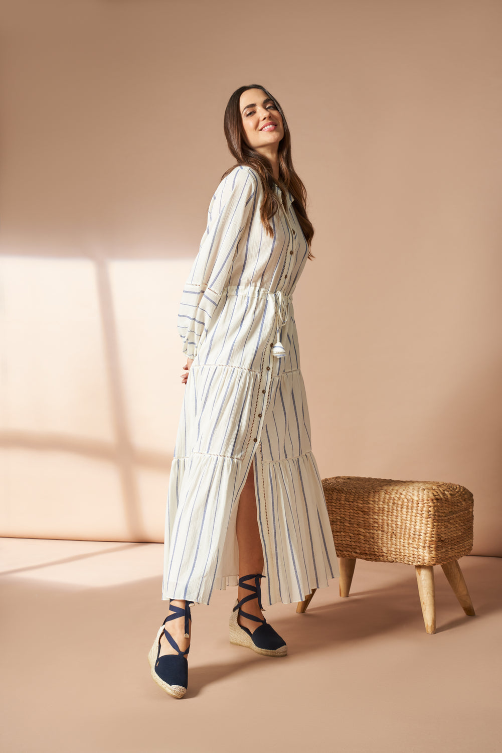 Escala Navy Blue Canvas Lace Up Women Espadrille Wedges Outfit