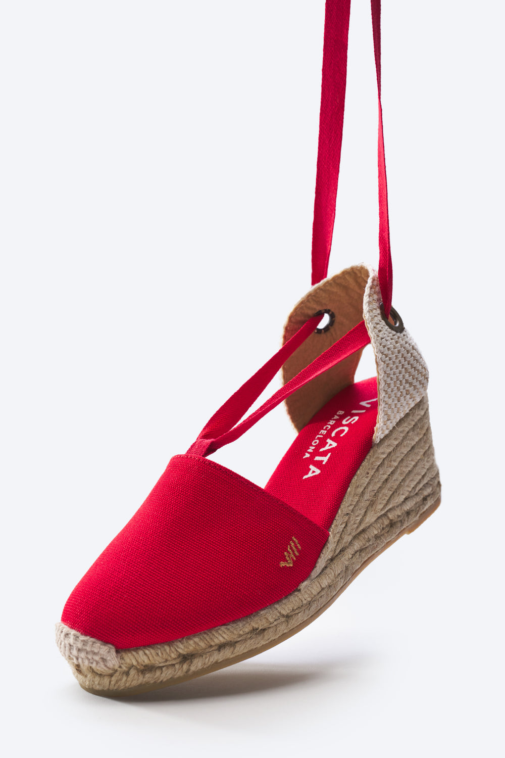 Escala Limited Edition Red Canvas Lace Up Women Espadrille Closed Toe Wedge