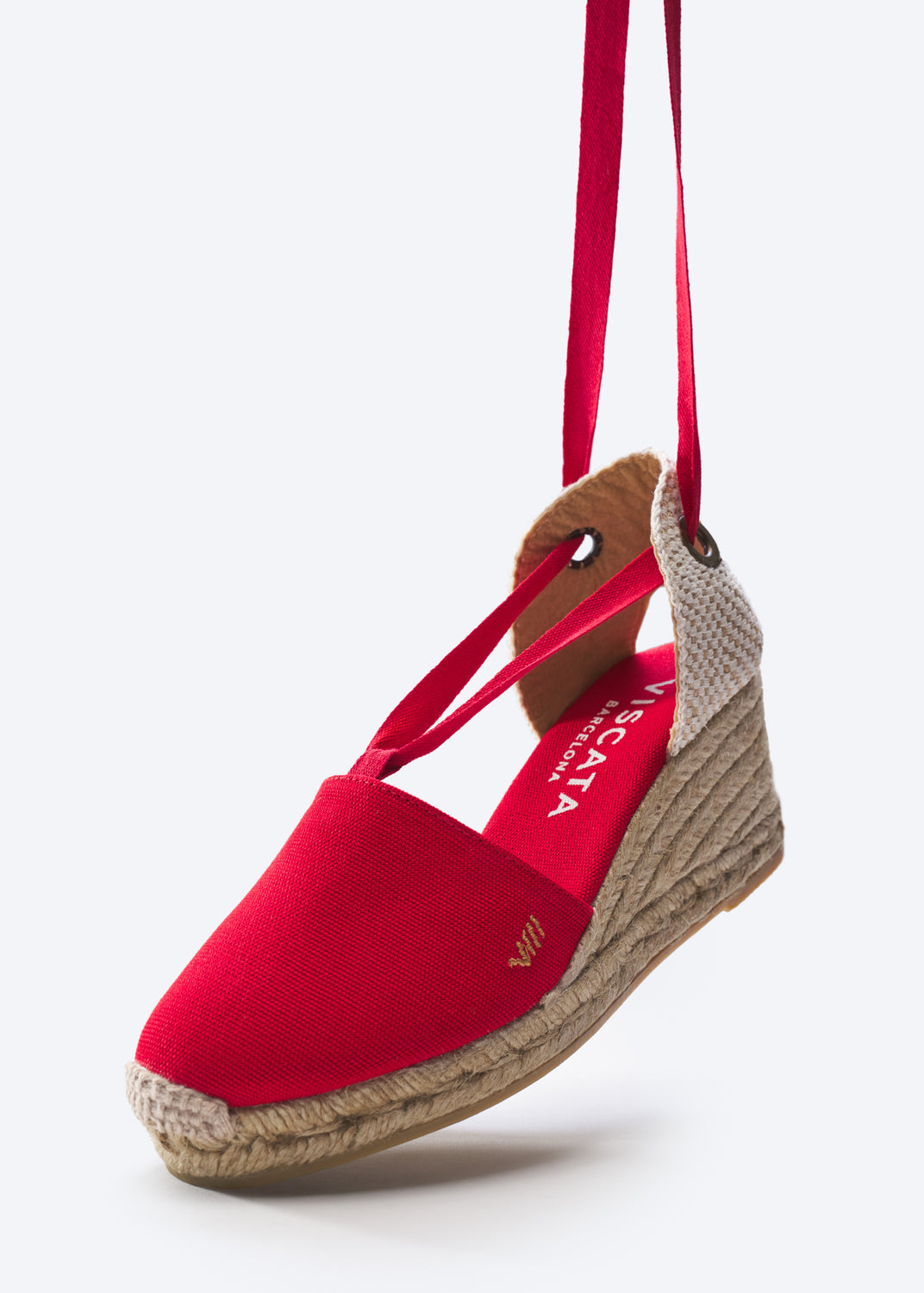 Escala Limited Edition Red Canvas Lace Up Women Espadrille Closed Toe Wedge