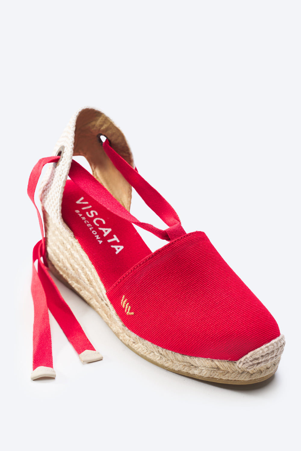 Escala Limited Edition Red Canvas Lace Up Women Espadrille Rounded Toe Wedge