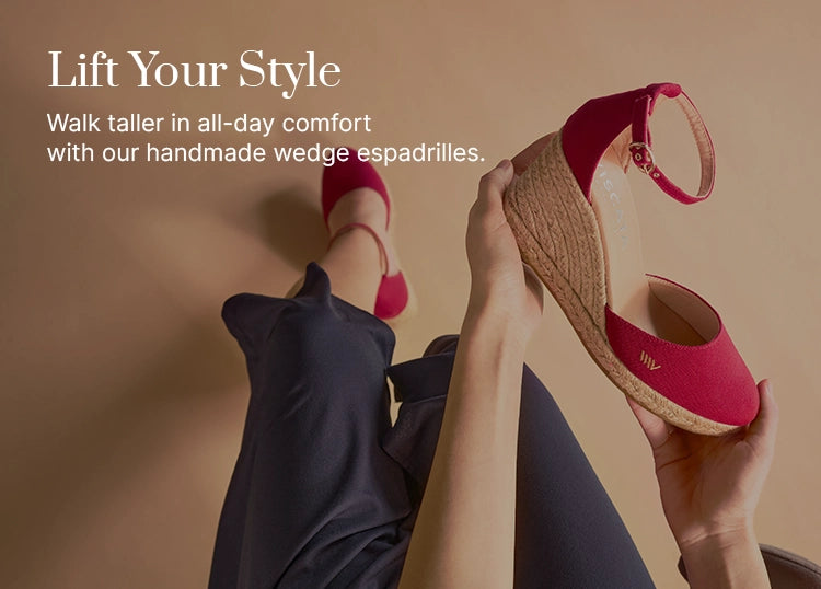 Cherry red closed-toe high wedge espadrilles with ankle strap by Viscata, handcrafted in Spain with natural jute soles. Comfortable and stylish summer shoes perfect for beach to city wear.