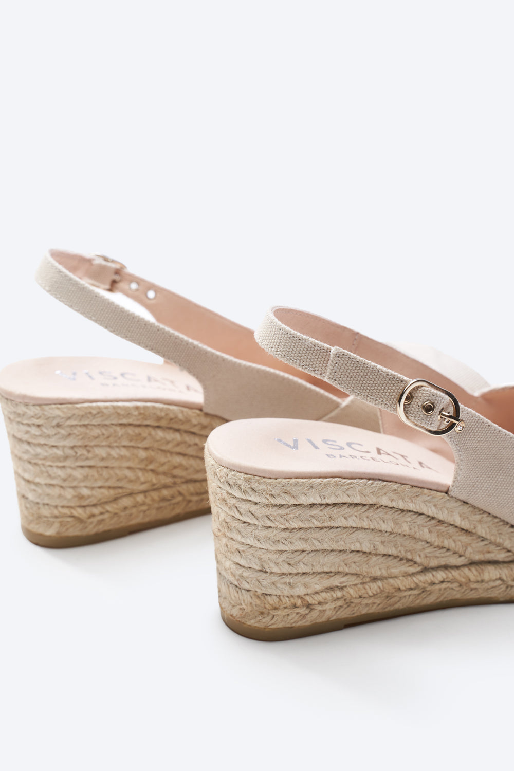 Llansa Crossed Open Toe Beige Canvas Slingback Women Espadrille Wedges Buckle Detail
