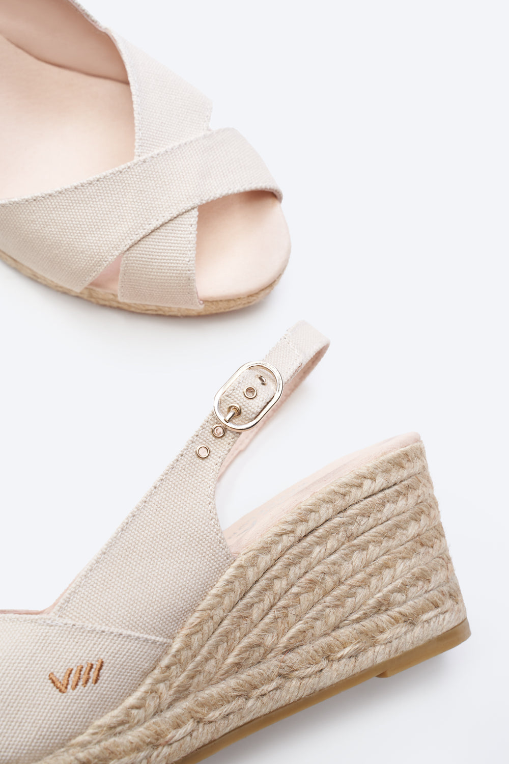Llansa Crossed Open Toe Beige Canvas Slingback Women Espadrille Wedges Details