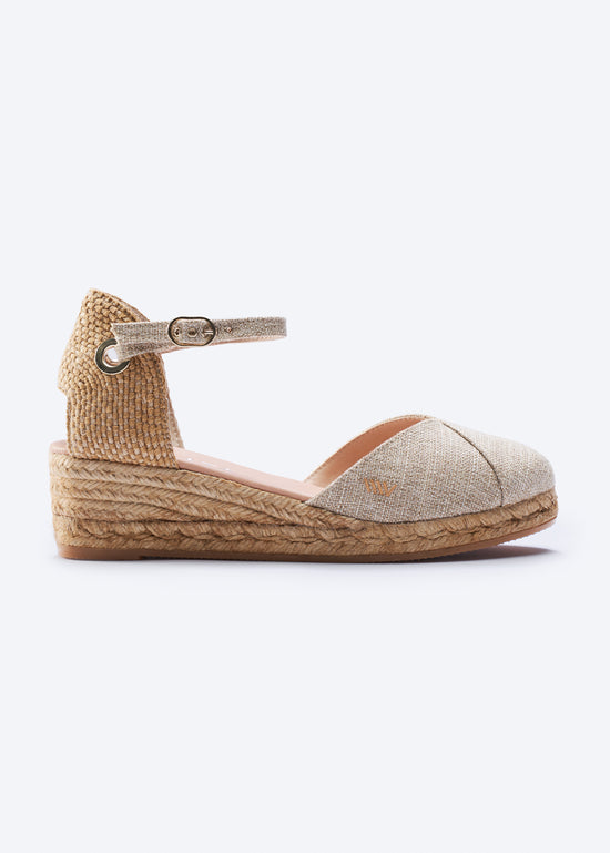 Pubol canvas gold closed rounded toe espadrille