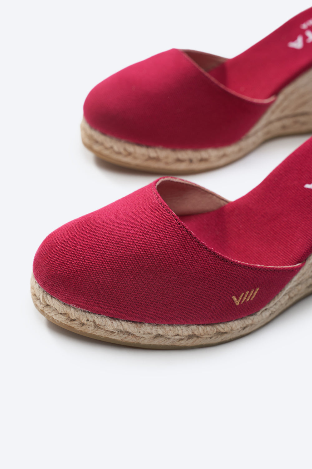 Estartit Limited Edition Cherry Canvas Ankle Strap Women High Heel Espadrille Wedges Rounded Closed Toe Detail