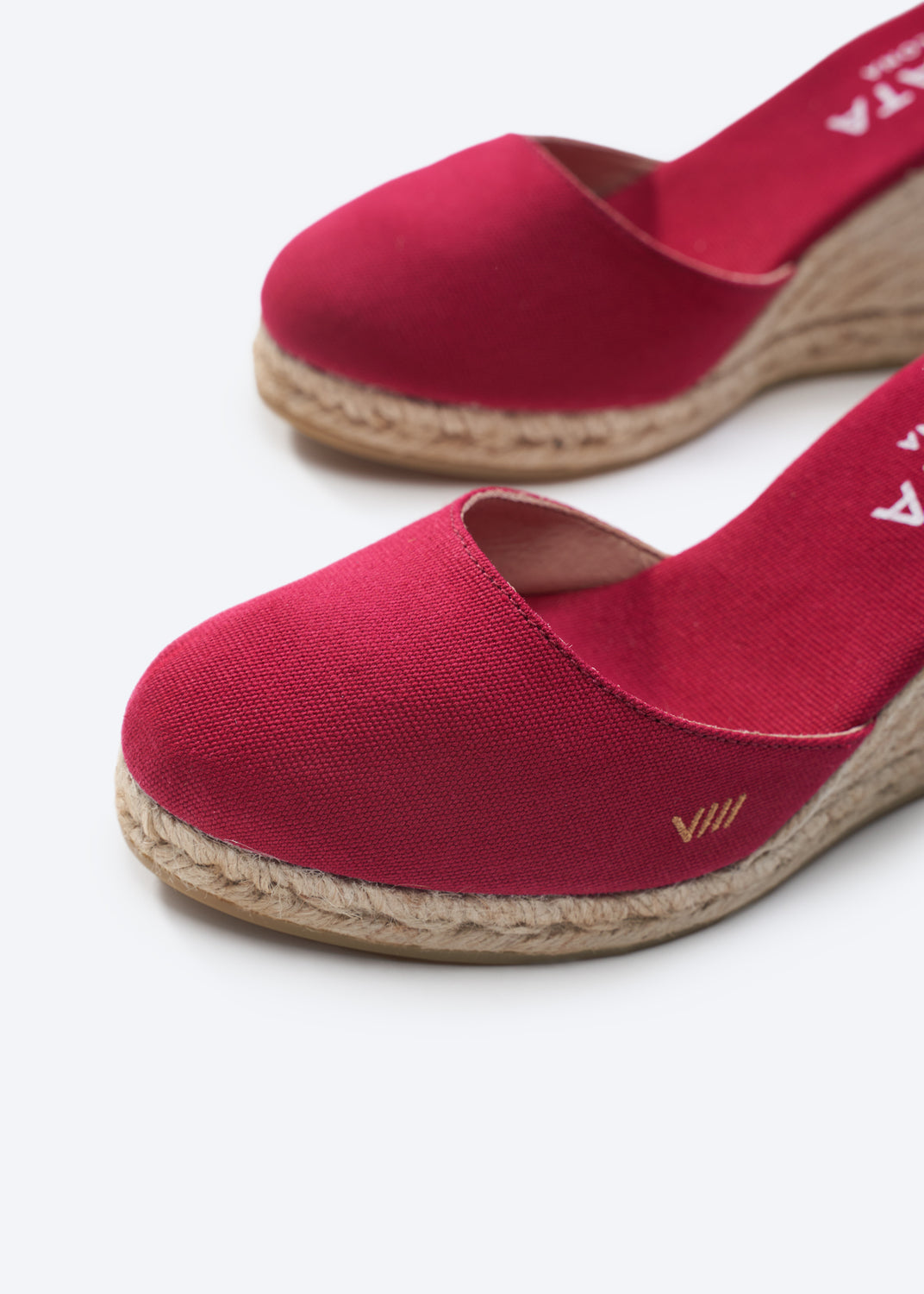Estartit Limited Edition Cherry Canvas Ankle Strap Women High Heel Espadrille Wedges Rounded Closed Toe Detail