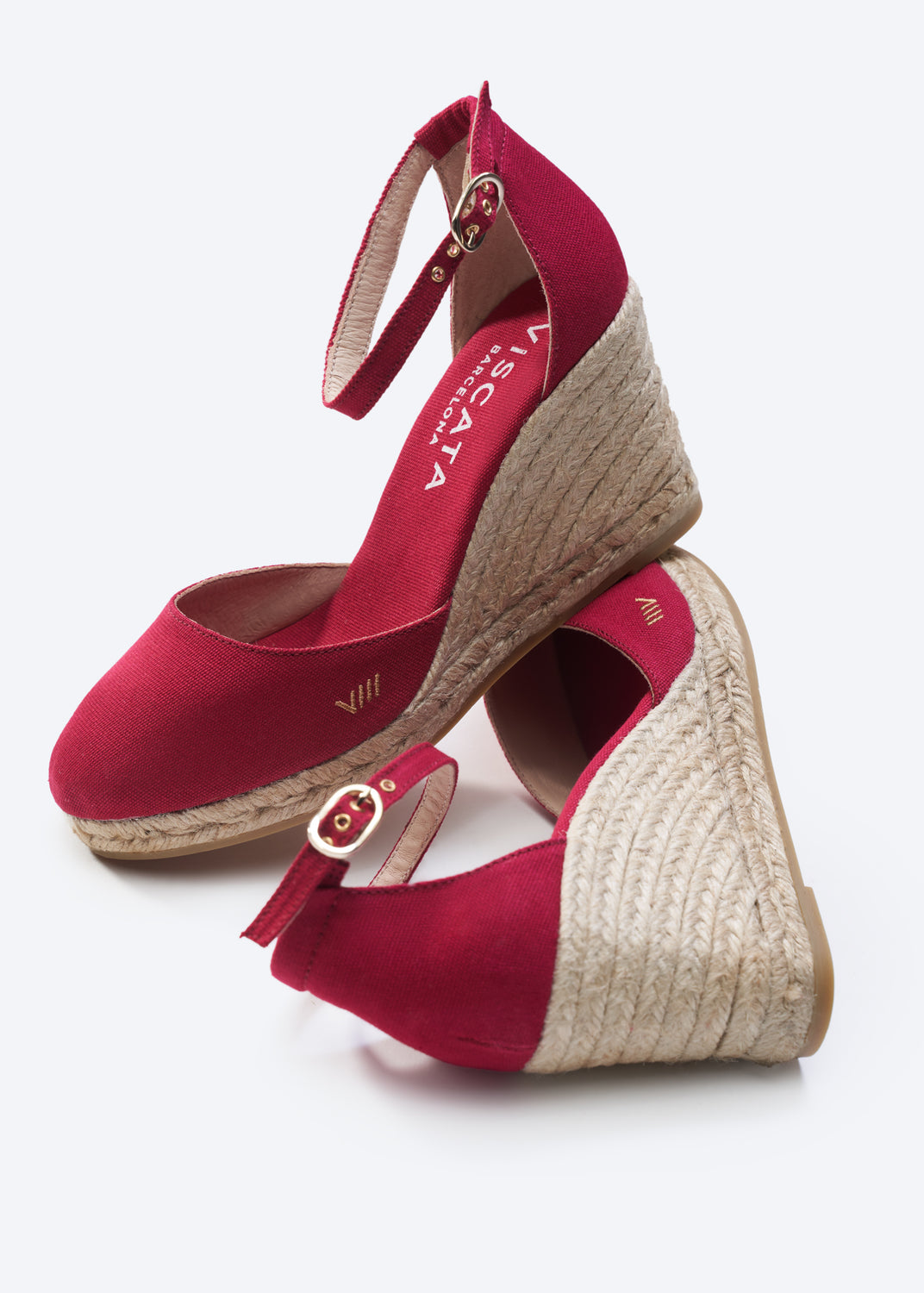 Estartit Limited Edition Cherry Canvas Ankle Strap Women High Heel Espadrille Closed Toe Wedges