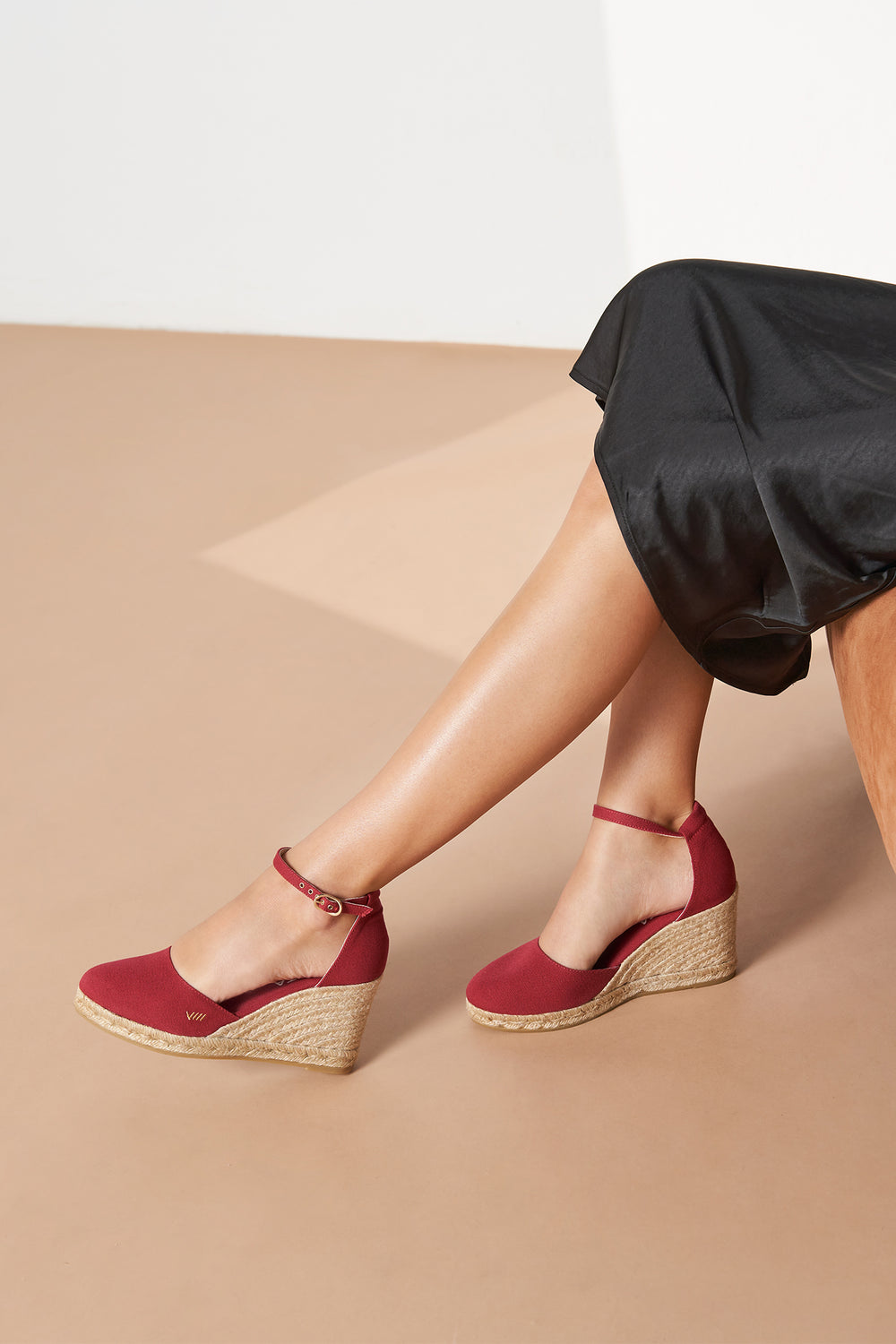 Estartit Limited Edition Cherry Canvas Ankle Strap Women High Heel Espadrille Wedges Legs