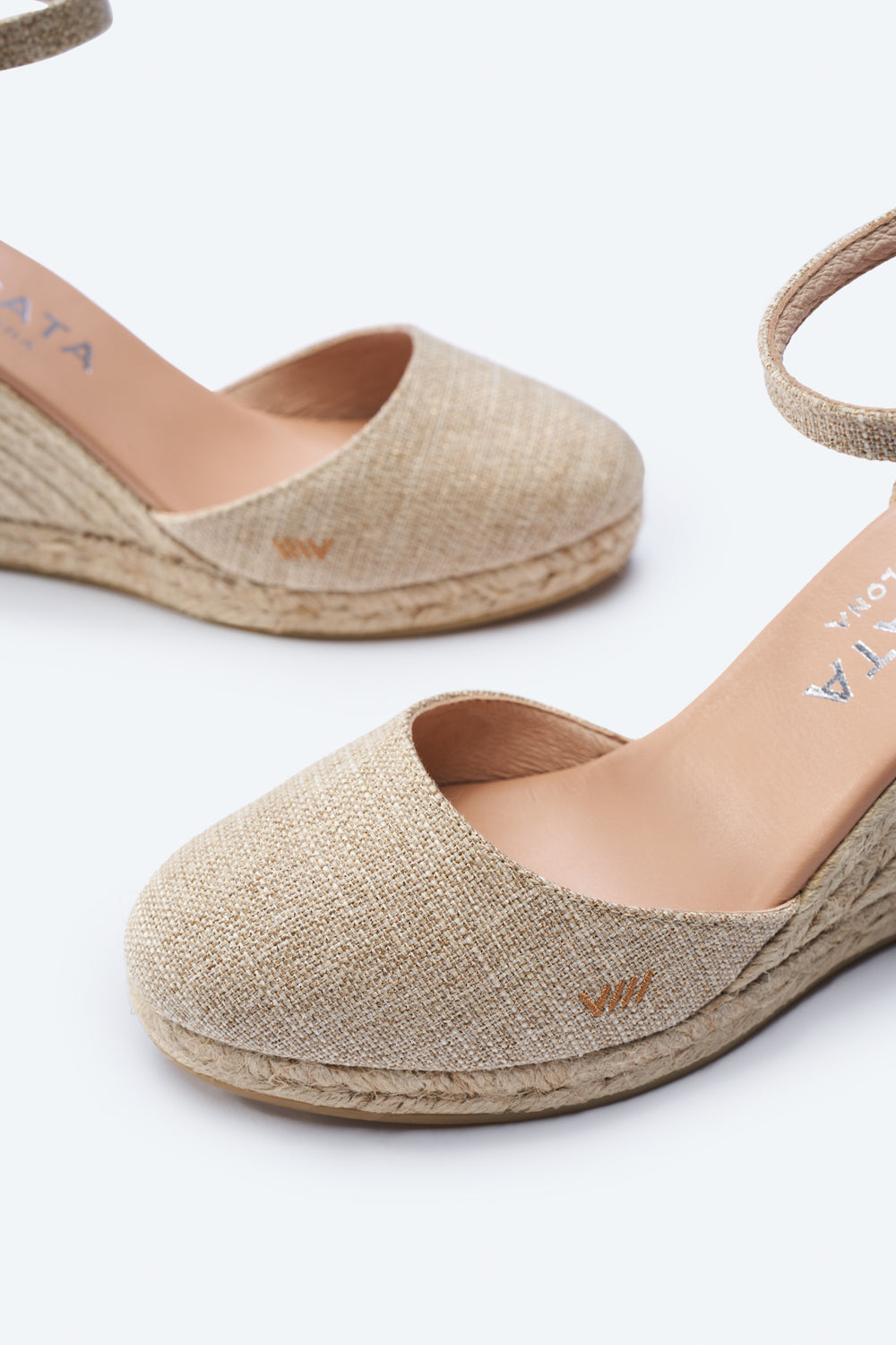 Estartit Limited Edition Gold Canvas Ankle Strap Women High Heel Espadrille Wedges Closed Toe Detail