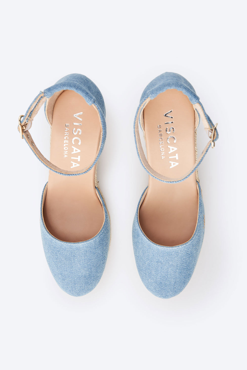 Estartit Limited Edition Light Denim Canvas Ankle Strap Closed Toe Women High Heel Espadrille Wedges