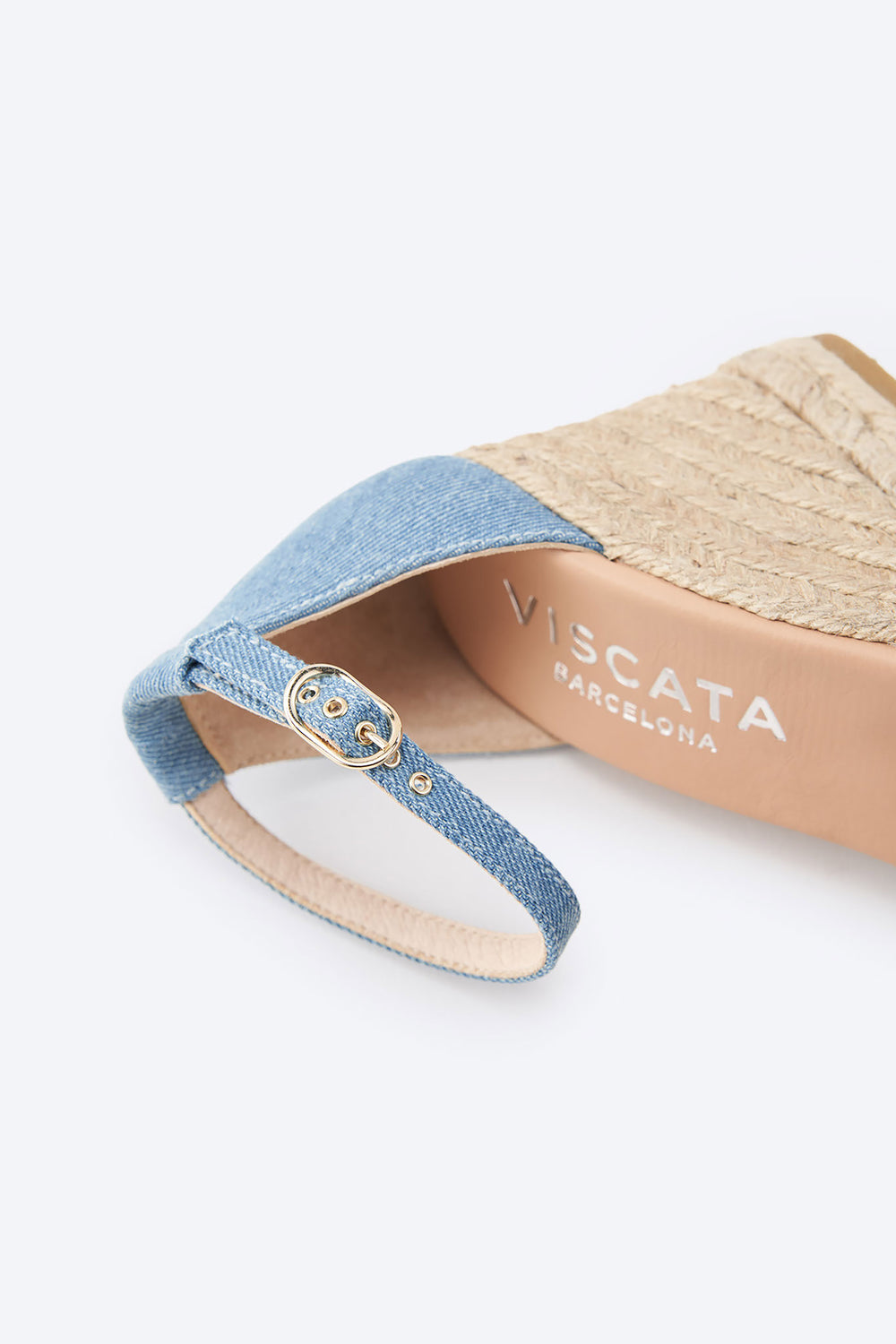 Estartit Limited Edition Light Denim Canvas Women High Heel Espadrille Wedge Buckle Ankle Strap Detail