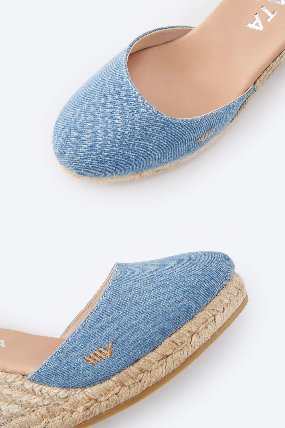 Estartit Limited Edition Light Denim Canvas Ankle Strap Women High Heel Espadrille Wedges Rounded Closed Toe Detail