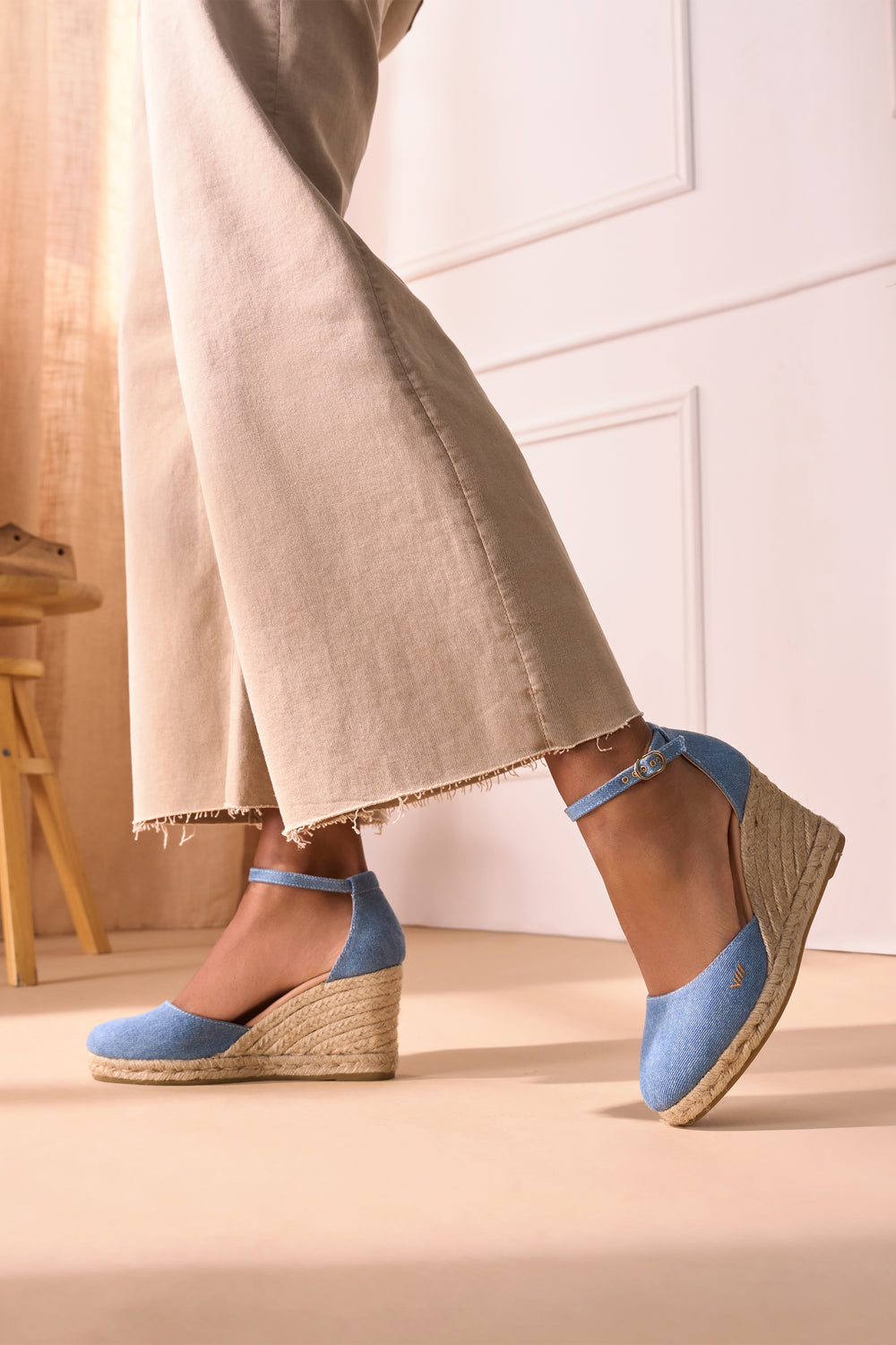 Estartit Limited Edition Light Denim Canvas Ankle Strap Women High Heel Espadrille Wedges Legs