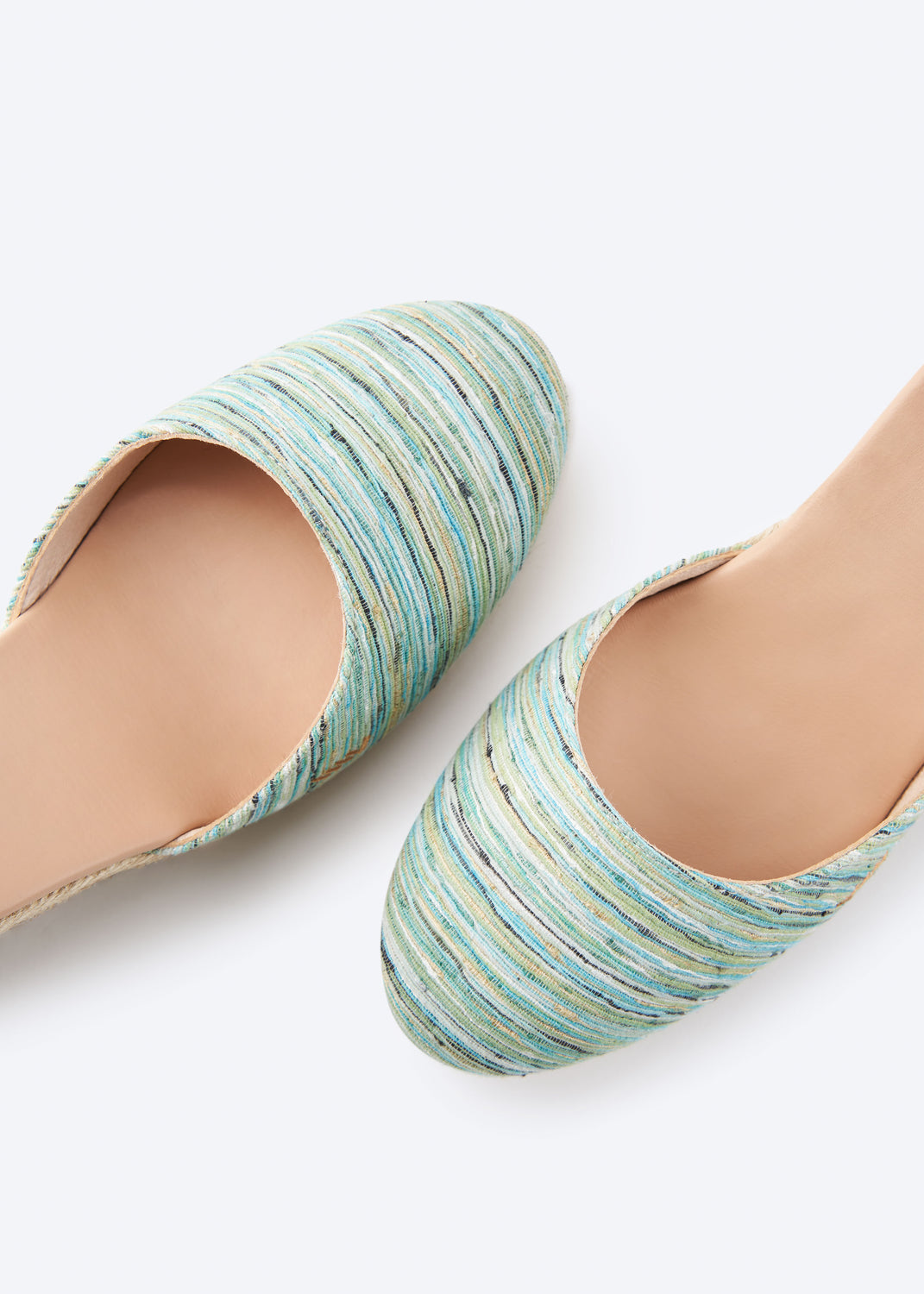 Estartit Limited Edition Multicolor Blue Canvas Ankle Strap Women High Heel Espadrille Wedges Rounded Closed Toe Detail