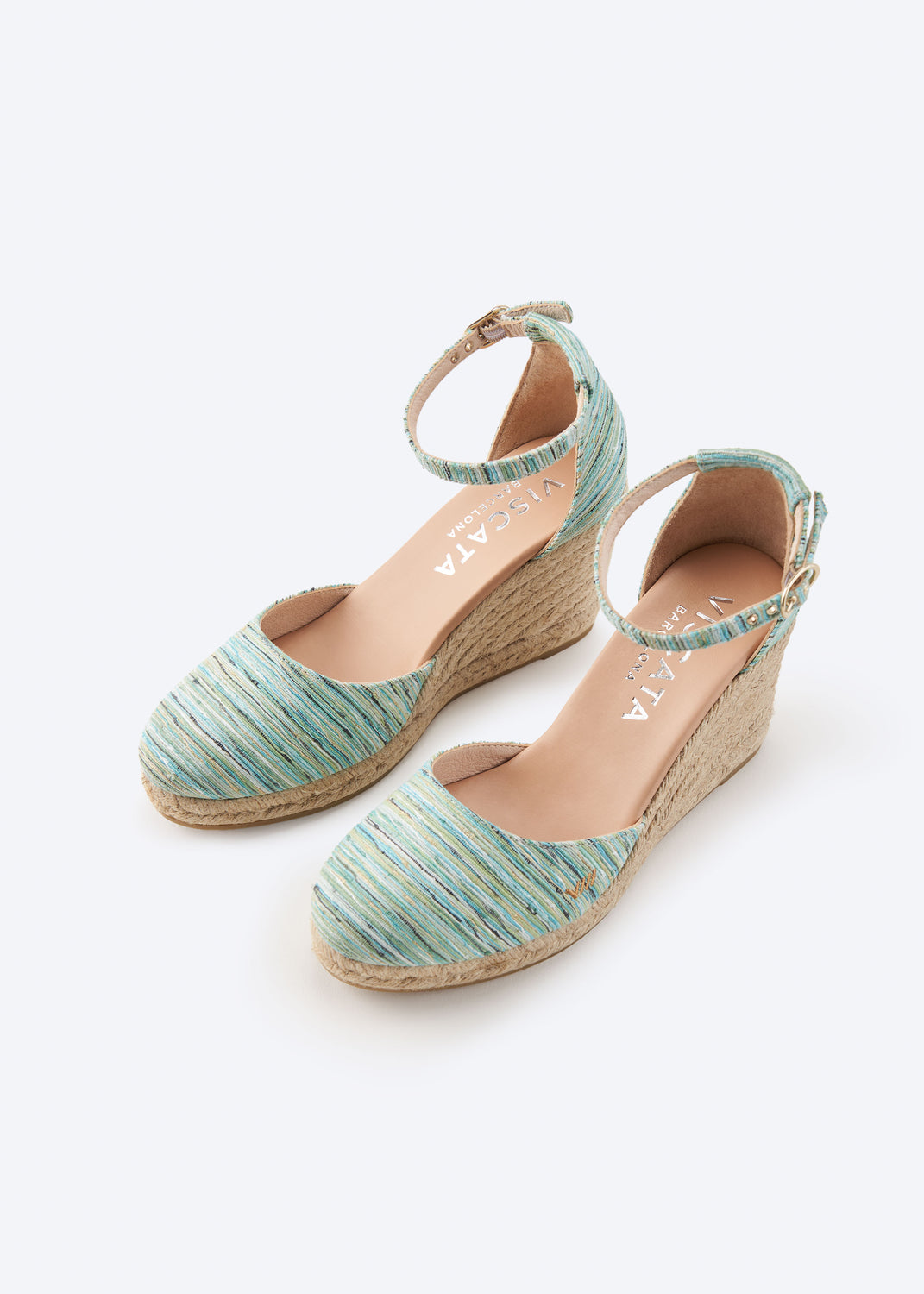 Estartit Limited Edition Multicolor Blue Canvas Ankle Strap Women High Heel Espadrille Wedges