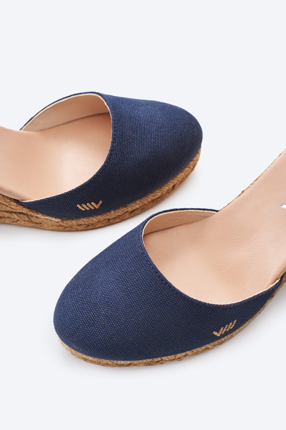 Estartit Navy Blue Canvas Ankle Strap Women Espadrille Wedges U Cut Detail