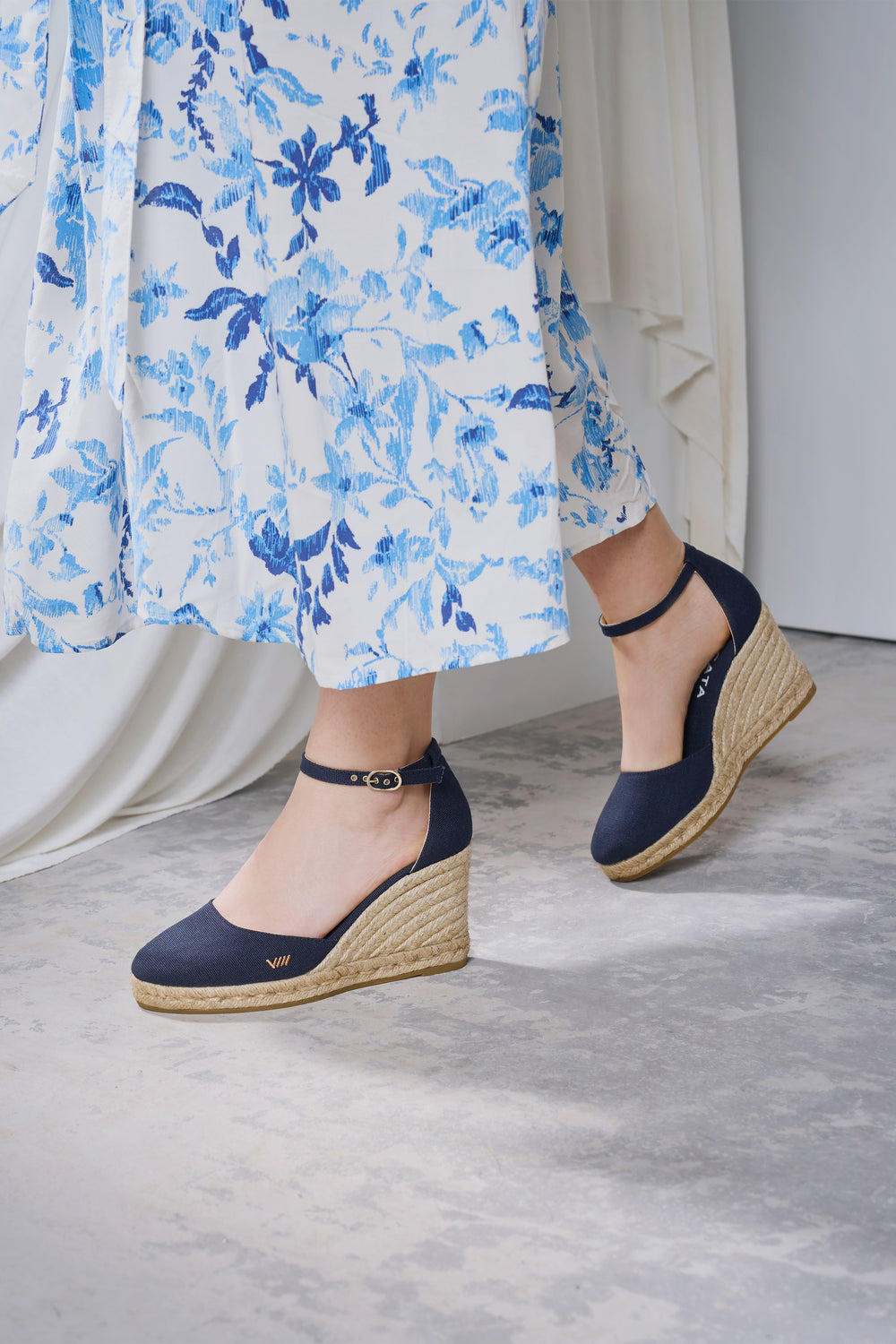 Estartit Navy Blue Canvas Ankle Strap Women Espadrille High Wedges Legs