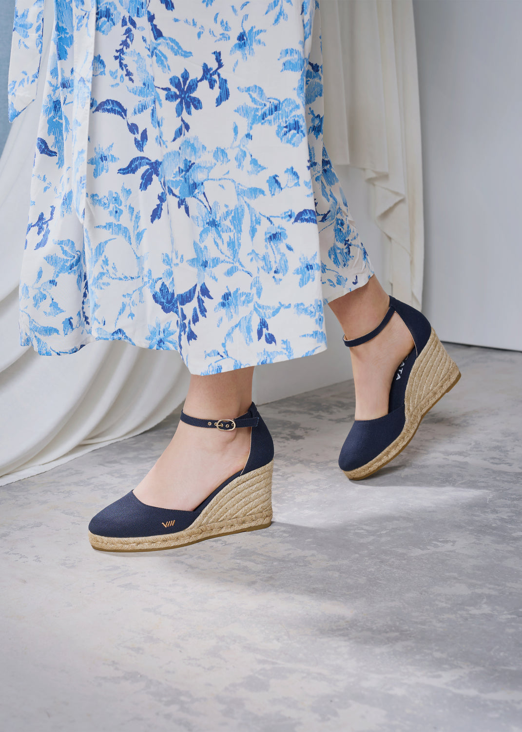 Estartit Navy Blue Canvas Ankle Strap Women Espadrille High Wedges Legs
