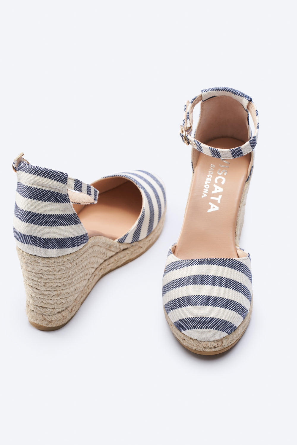 Estartit Limited Edition Sailor Stripes Pattern Canvas Ankle Strap Women High Heel Espadrille Wedges Toe and Back Detail