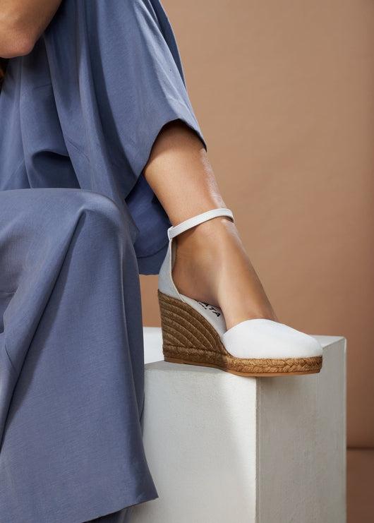 Estartit Limited Edition White Canvas Ankle Strap Women High Heel Espadrille Wedges Legs