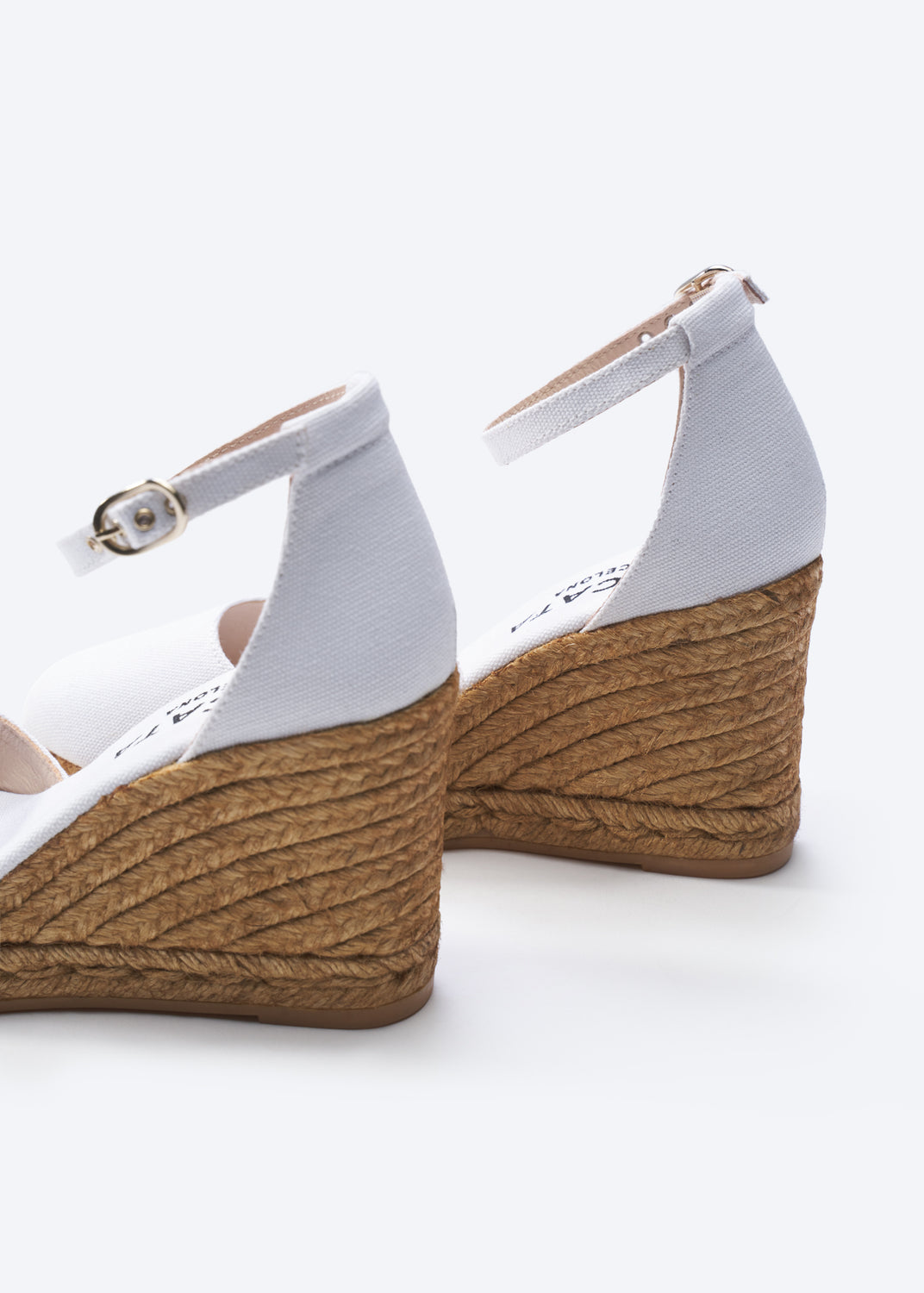 Estartit Limited Edition White Canvas Ankle Strap Women High Heel Espadrille Wedges Back Detail
