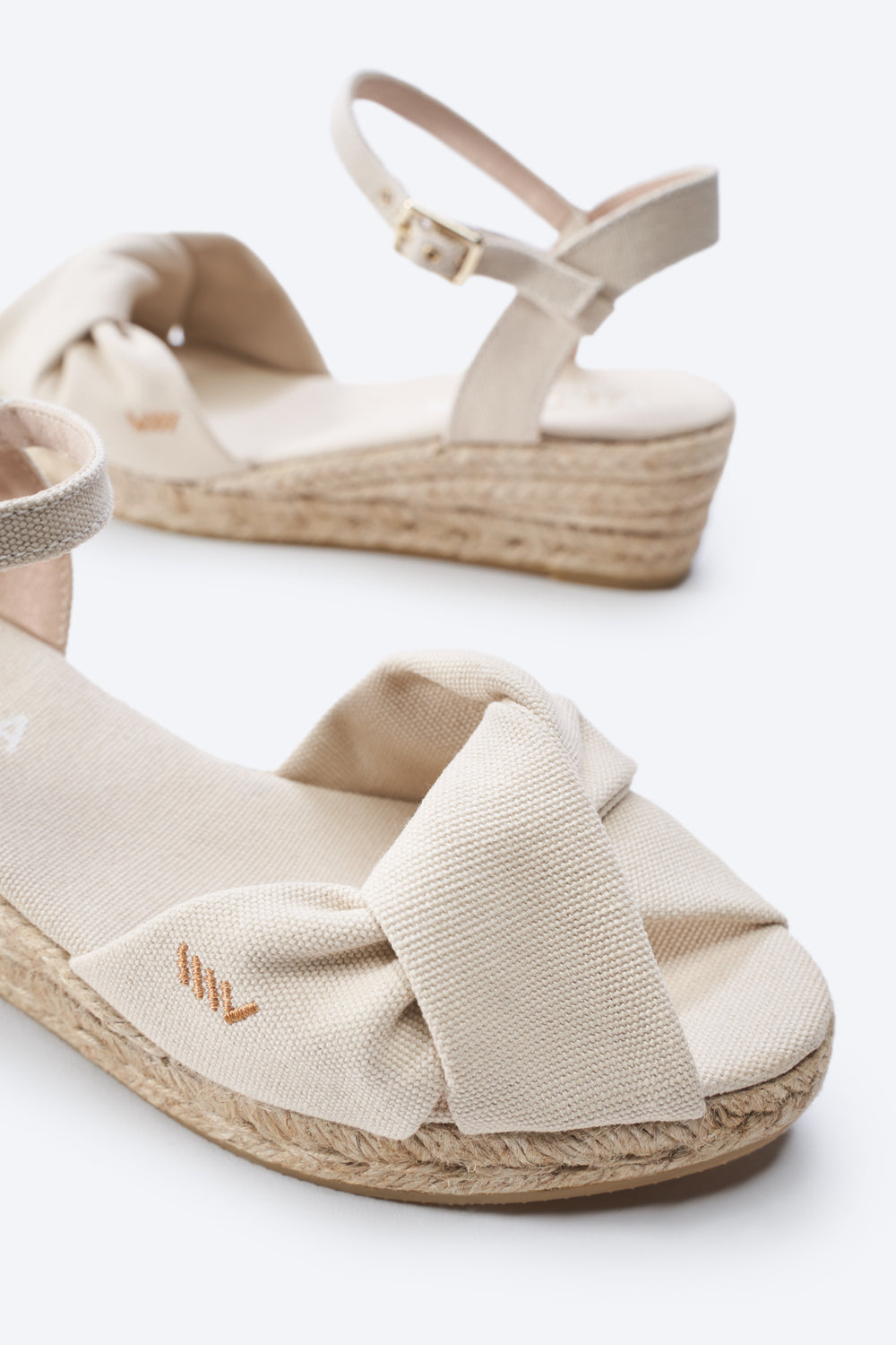 Farella Beige Canvas Ankle Strap Women Espadrille Wedges Knotted Open Toe Detail