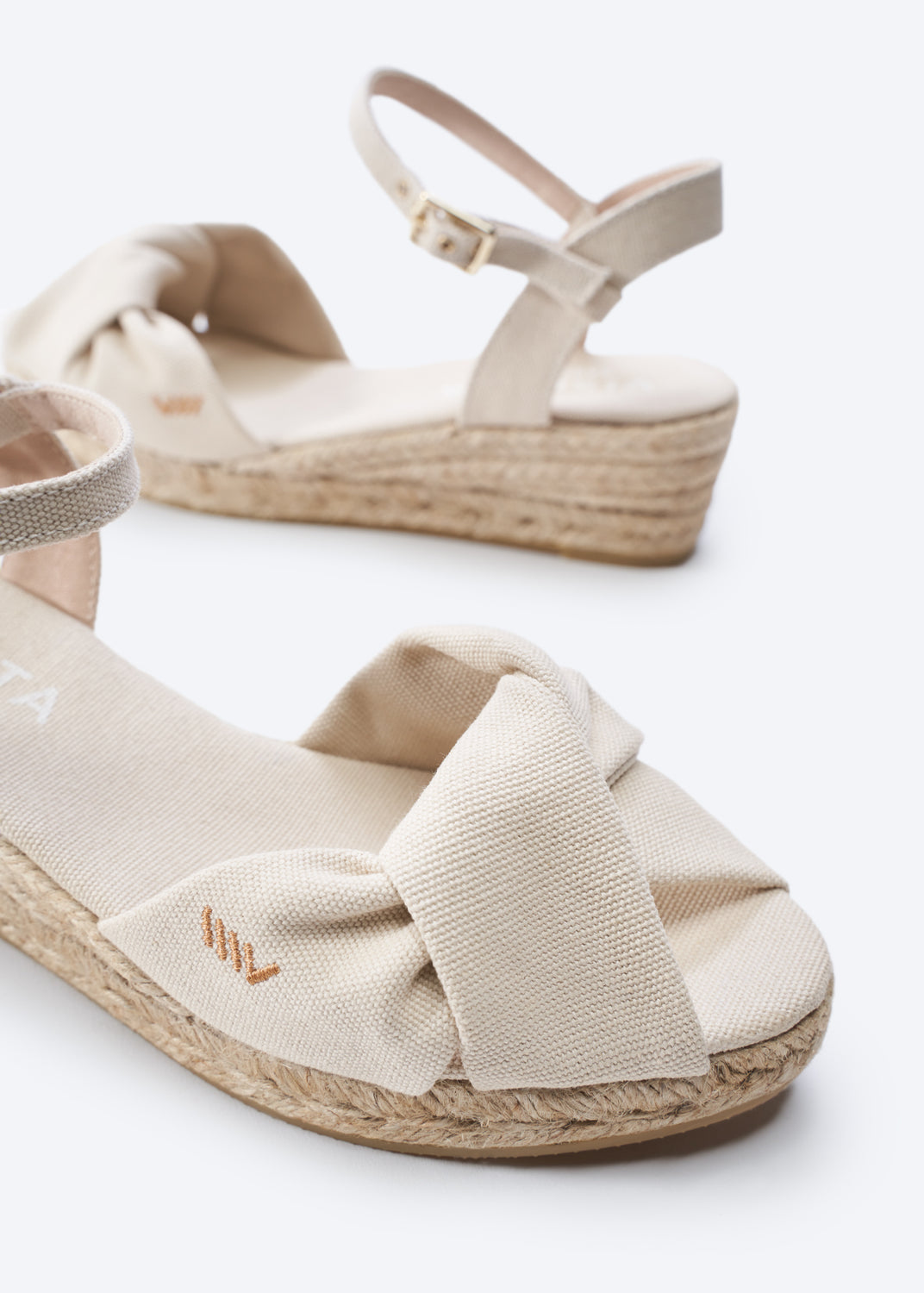Farella Beige Canvas Ankle Strap Women Espadrille Wedges Knotted Open Toe Detail