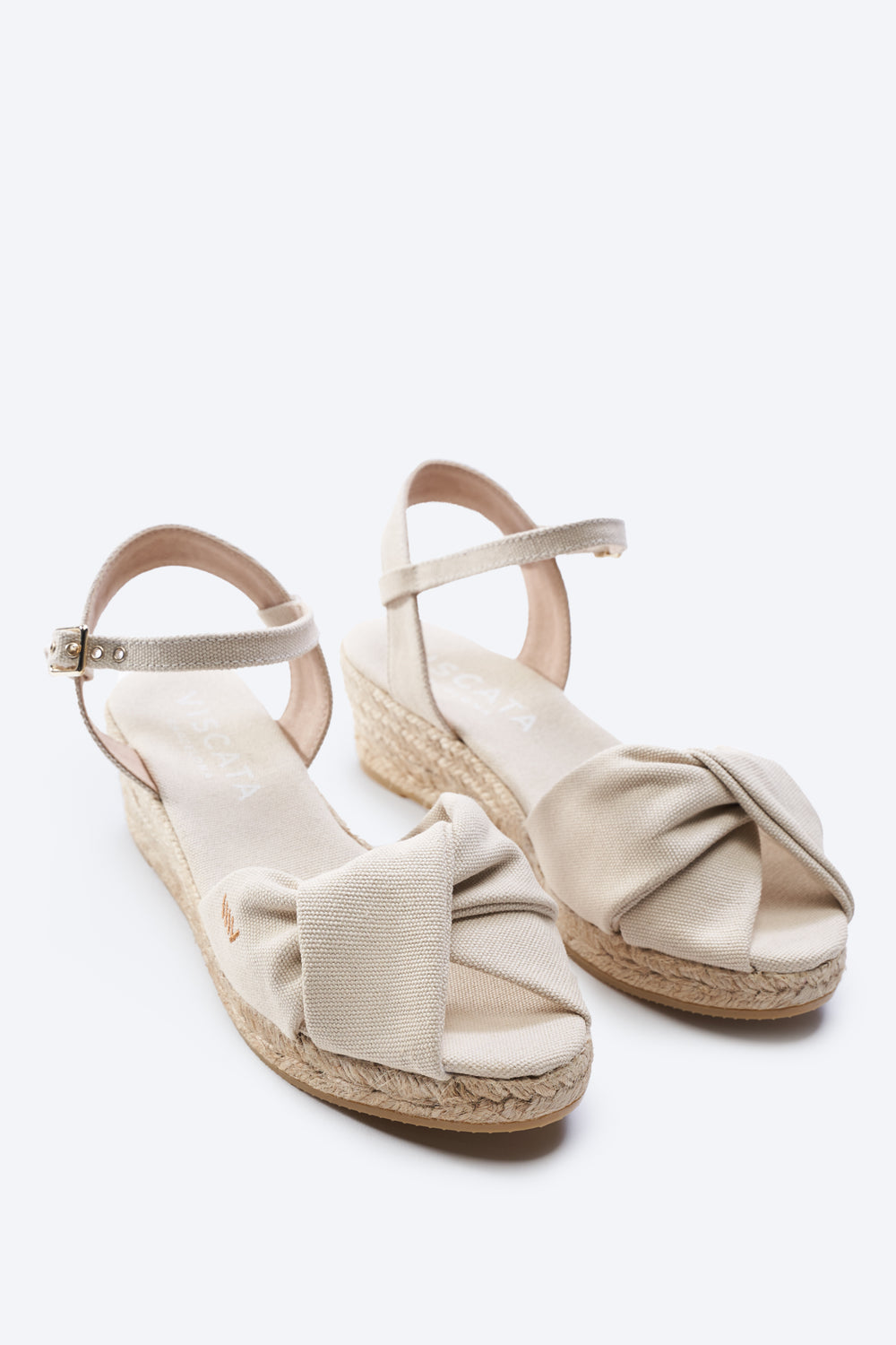 Farella Beige Canvas Ankle Strap Women Knotted Open Toe Espadrille Low Heel Wedges