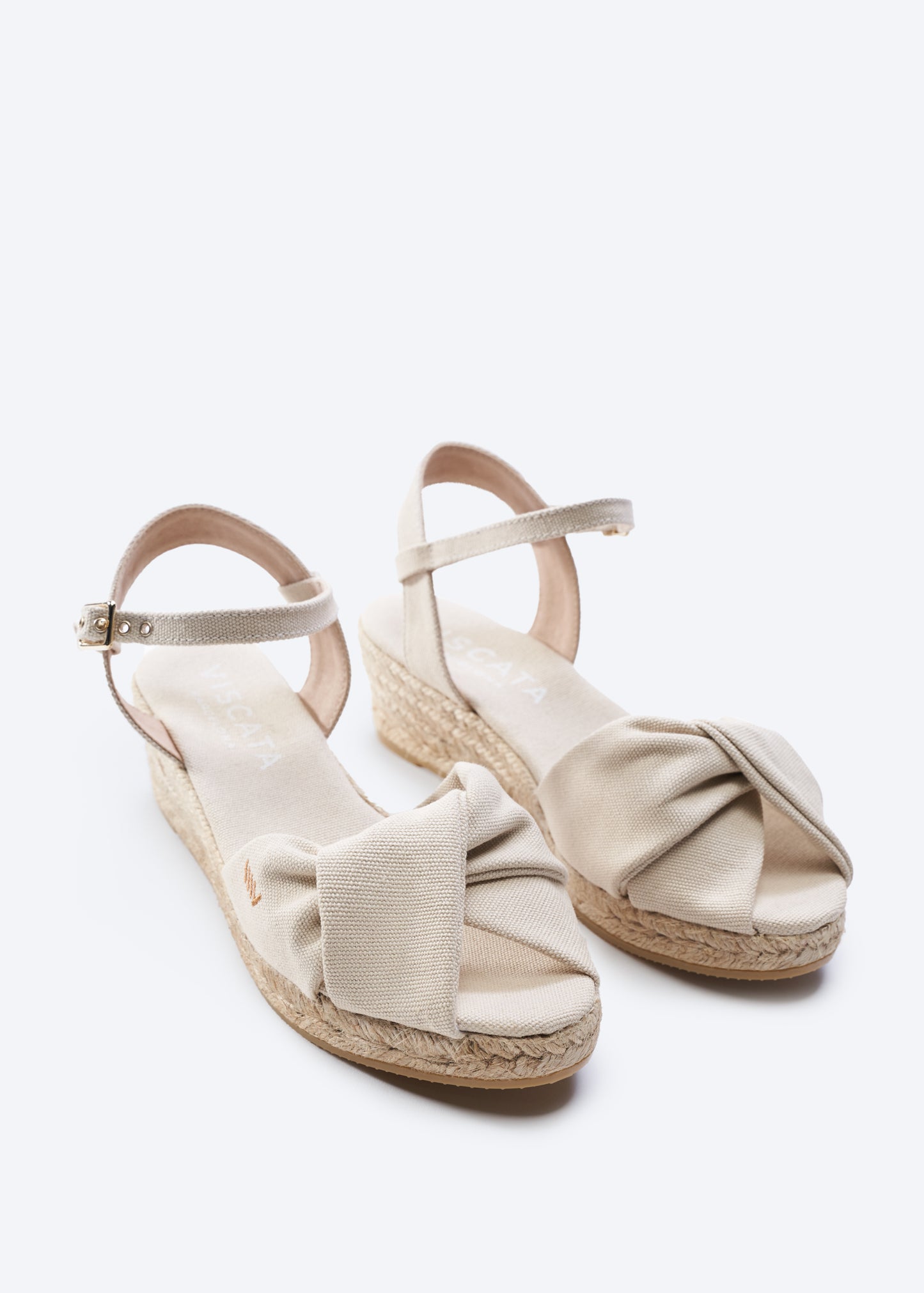 Farella Beige Canvas Ankle Strap Women Knotted Open Toe Espadrille Low Heel Wedges