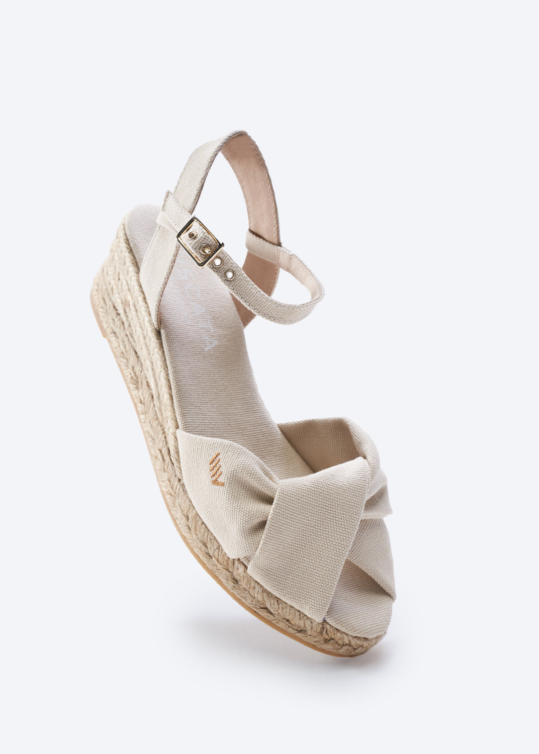 Farella Beige Canvas Ankle Strap Women Knotted Open Toe Espadrille Low Wedge