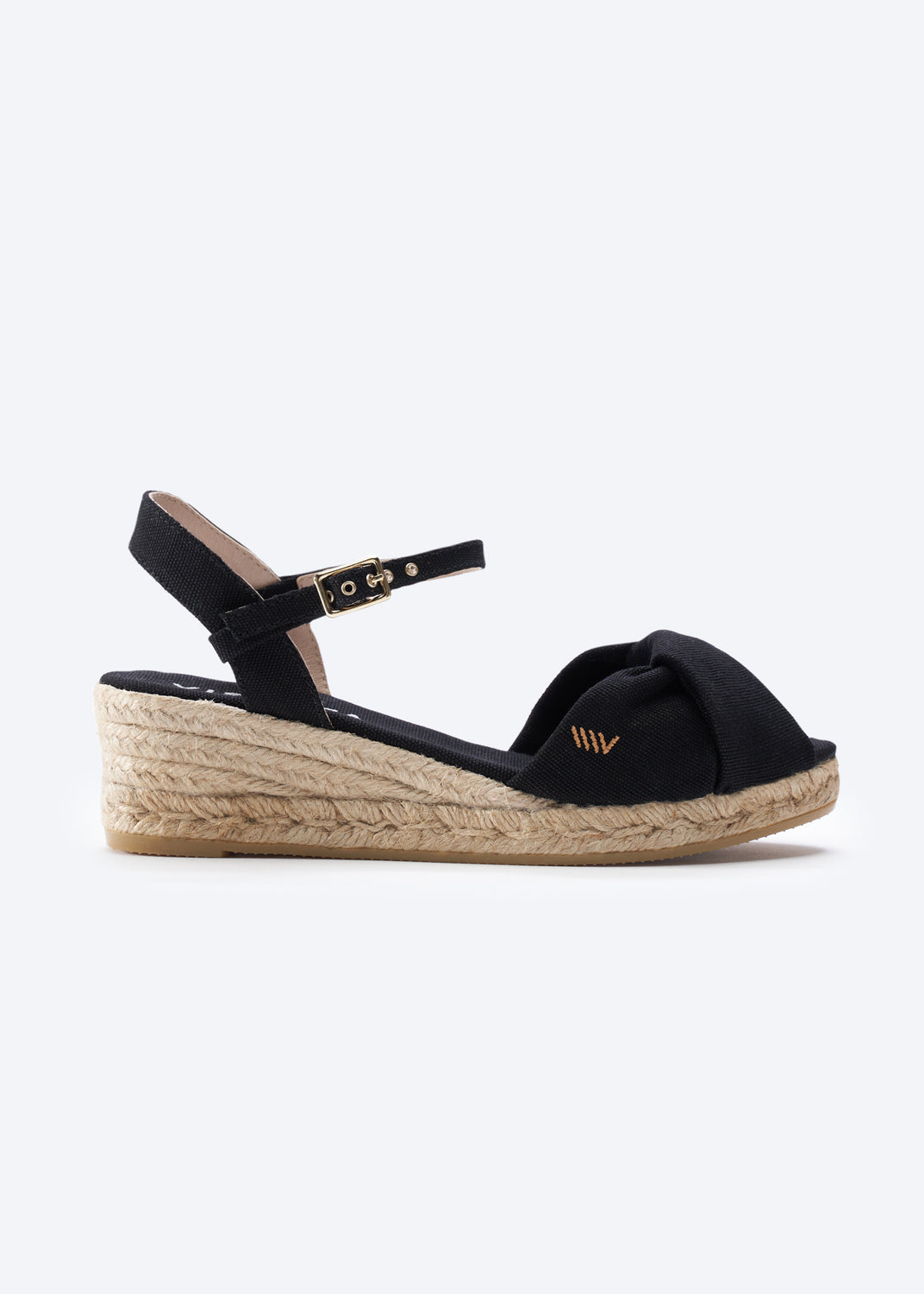 Farella Black Canvas Ankle Strap Women Knotted Open Toe Espadrille Wedge