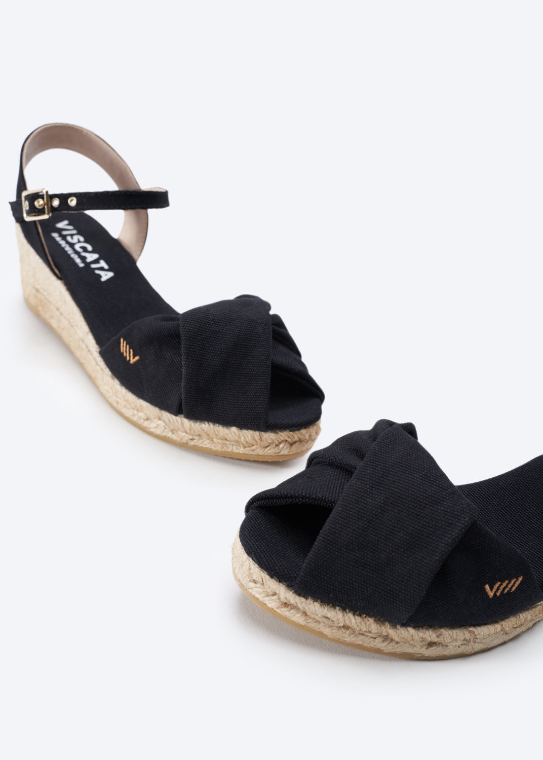 Farella Black Canvas Ankle Strap Women Espadrille Wedges Knotted Open Toe Detail