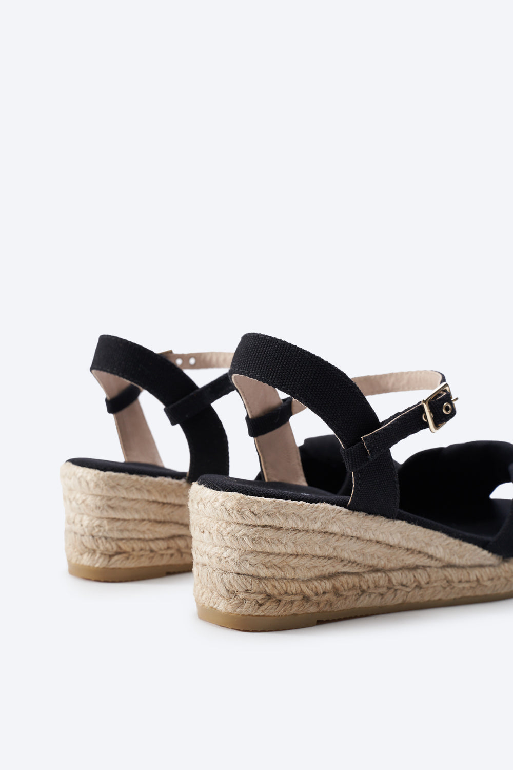 Farella Black Canvas Ankle Strap Women Knotted Open Toe Espadrille Wedges Back Detail