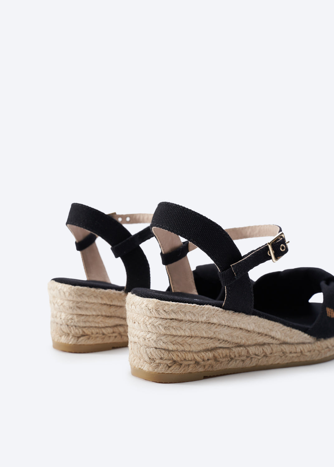Farella Black Canvas Ankle Strap Women Knotted Open Toe Espadrille Wedges Back Detail