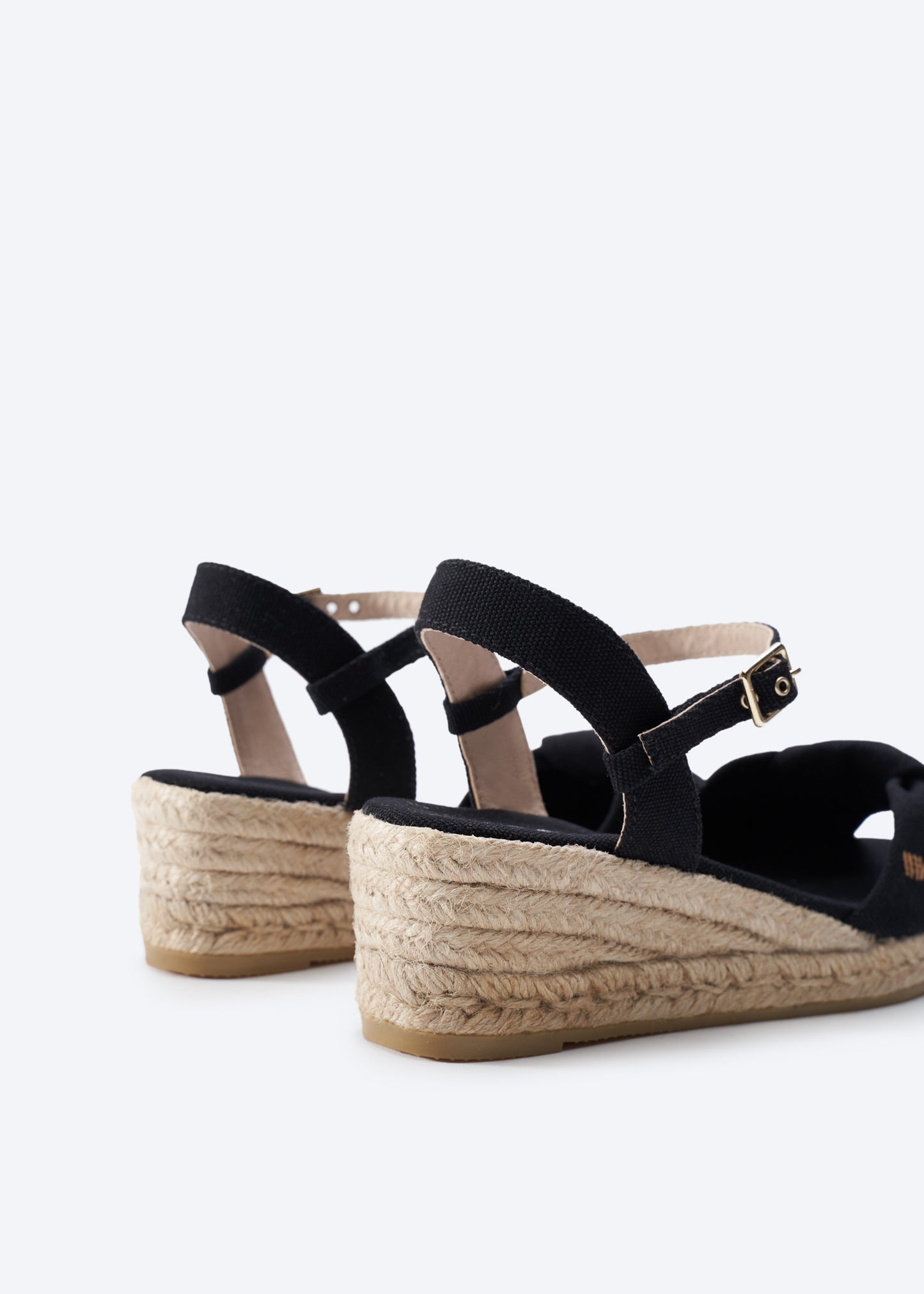Farella Black Canvas Ankle Strap Women Knotted Open Toe Espadrille Wedges Back Detail