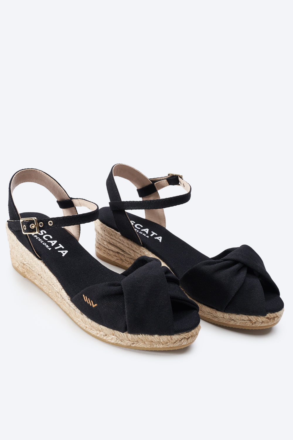Farella Black Canvas Ankle Strap Women Knotted Open Toe Espadrille Low Wedges