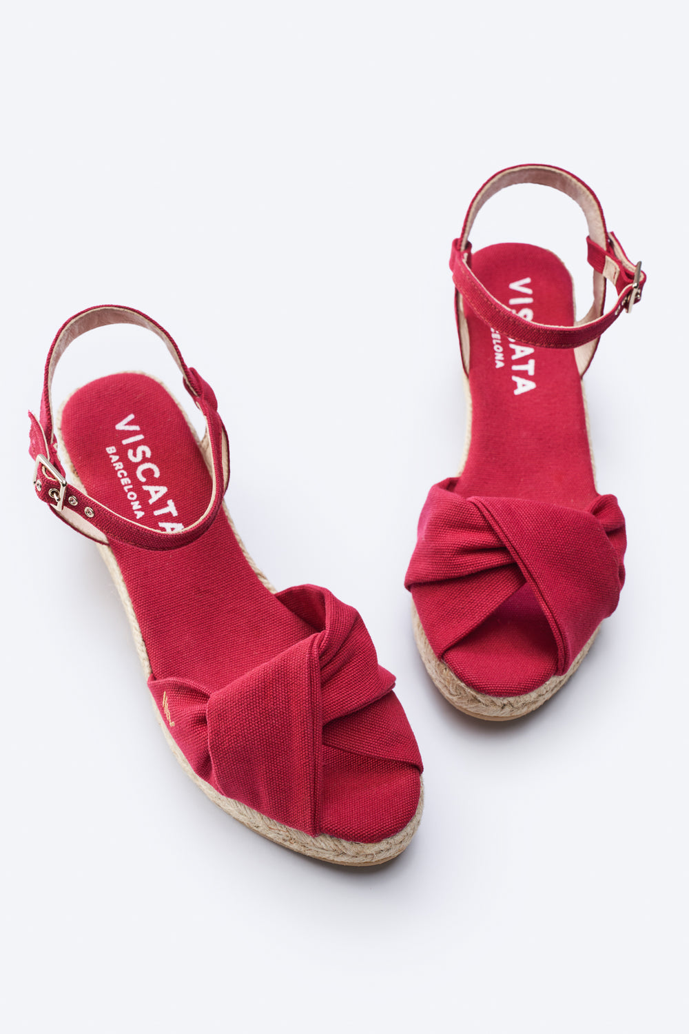 Farella Limited Edition Cherry Canvas Ankle Strap Woman Knotted Open Toe Espadrille Low Wedges