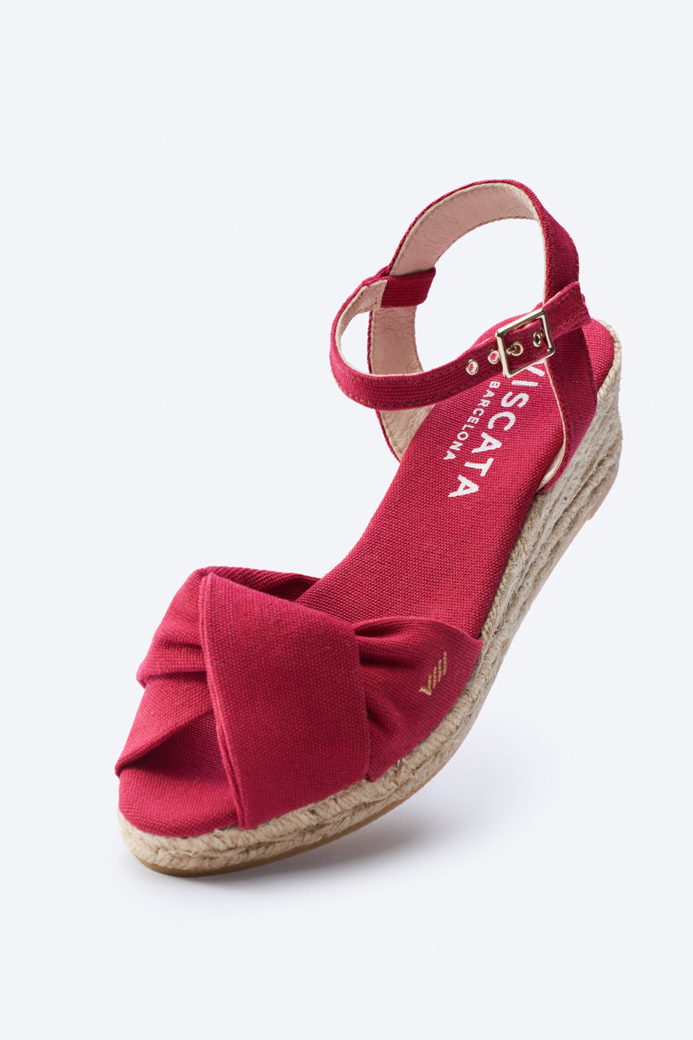 Farella Limited Edition Cherry Canvas Ankle Strap Woman Knotted Open Toe Espadrille Low Heel Wedge