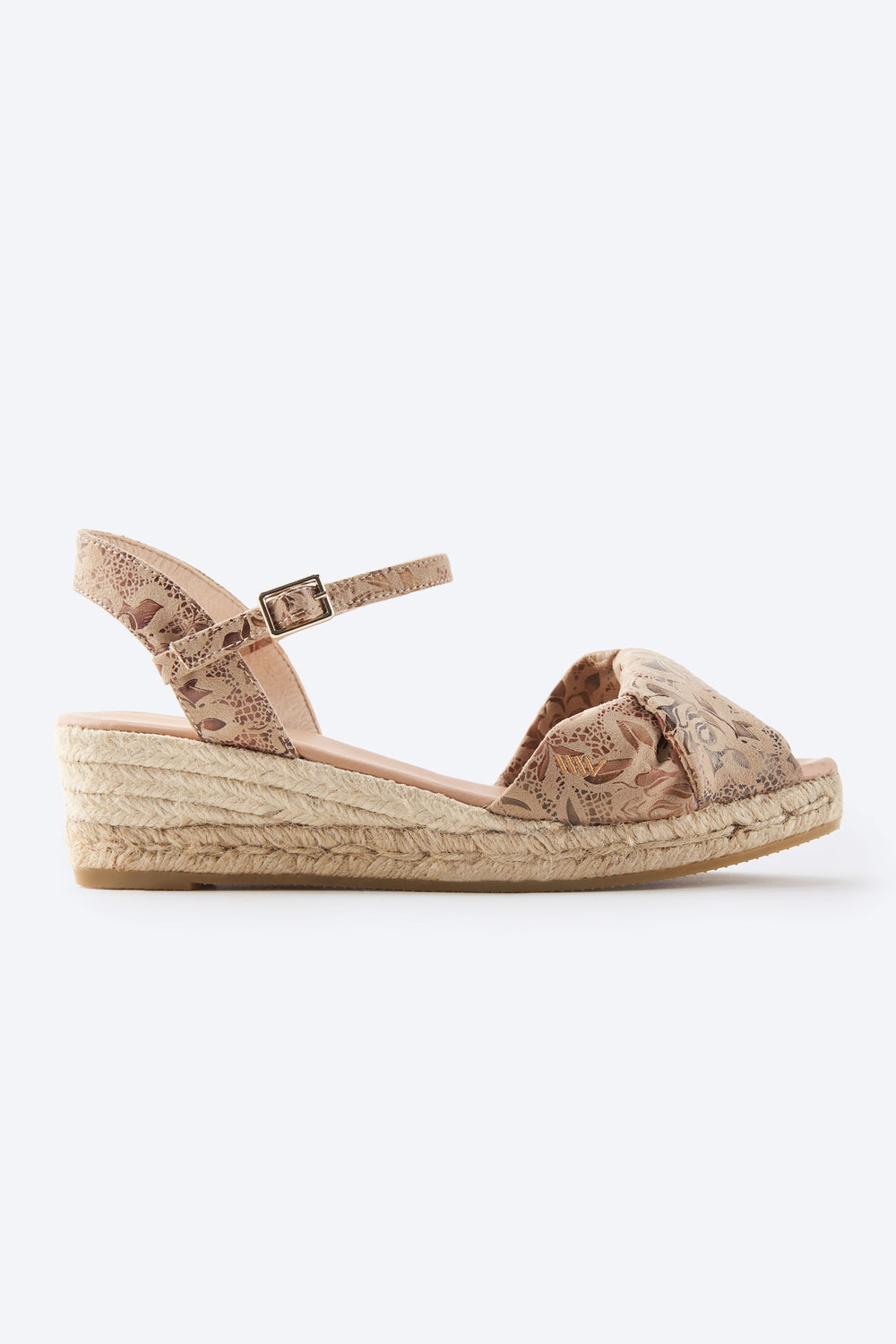 Farella Limited Edition Floral Jacquard Print Canvas Ankle Strap Woman Knotted Open Toe Espadrille Low Wedge
