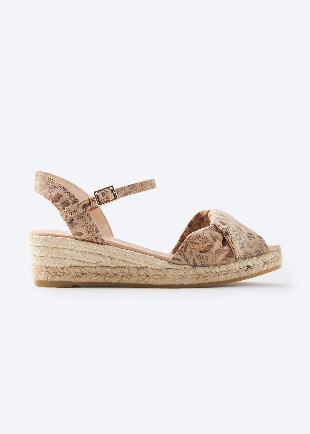 Farella Limited Edition Floral Jacquard Print Canvas Ankle Strap Woman Knotted Open Toe Espadrille Low Wedge