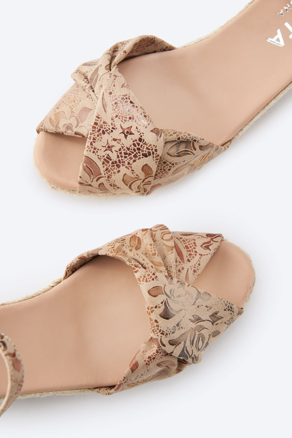 Farella Limited Edition Floral Jacquard Print Canvas Ankle Strap Woman Espadrille Low Wedges Knotted Open Toe Detail