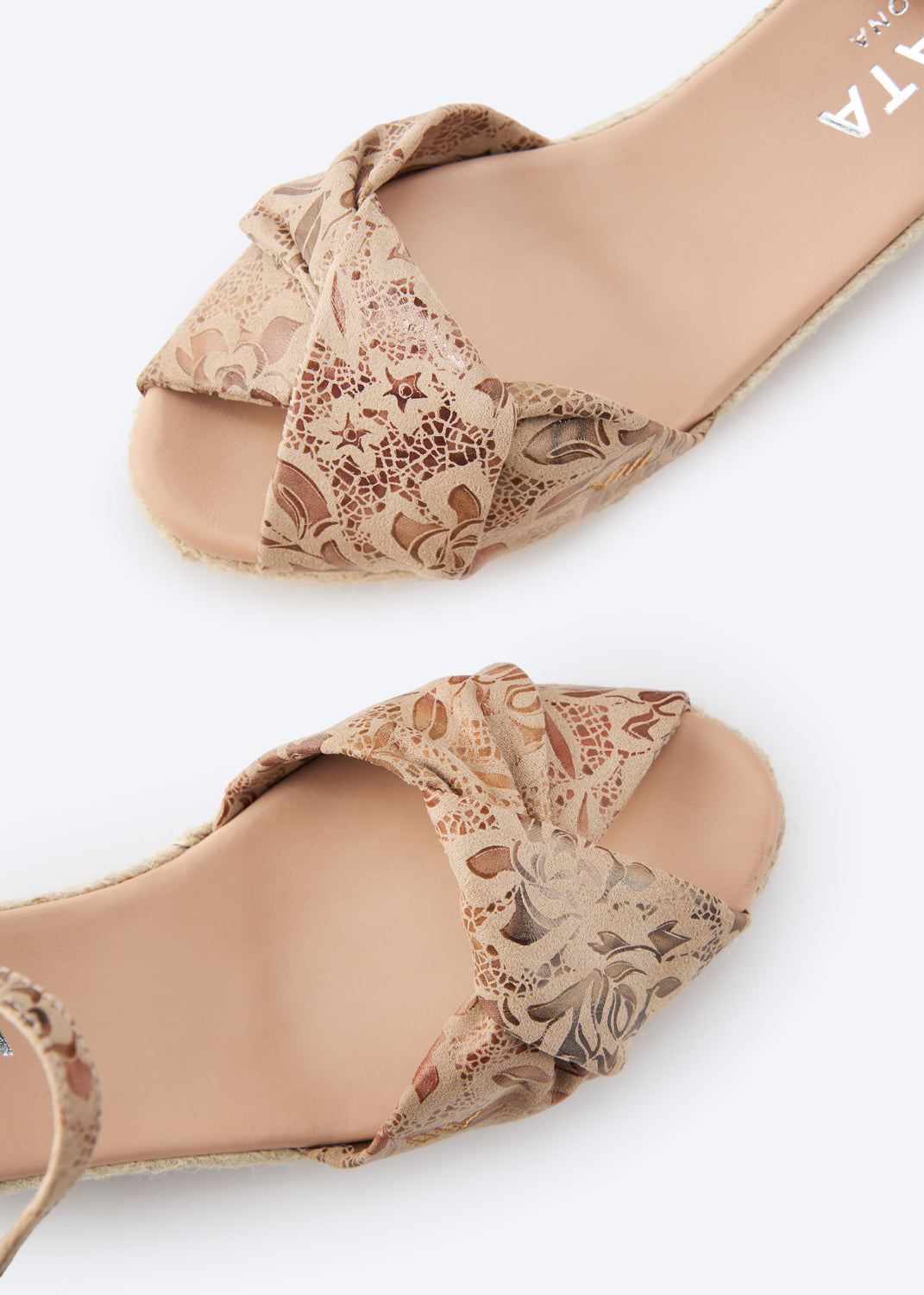Farella Limited Edition Floral Jacquard Print Canvas Ankle Strap Woman Espadrille Low Wedges Knotted Open Toe Detail