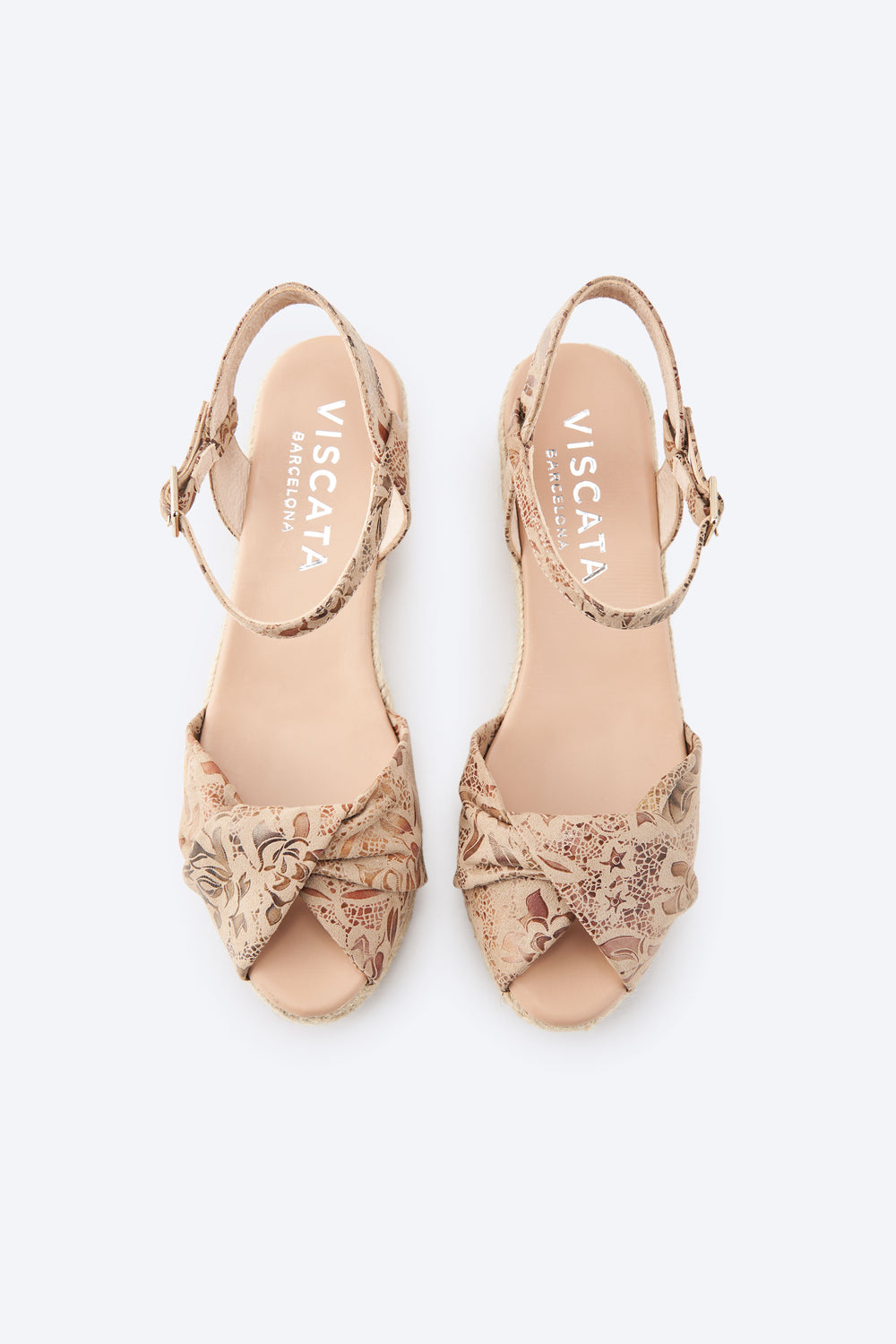 Farella Limited Edition Floral Jacquard Copper Print Canvas Ankle Strap Woman Knotted Open Toe Espadrille Low Wedges