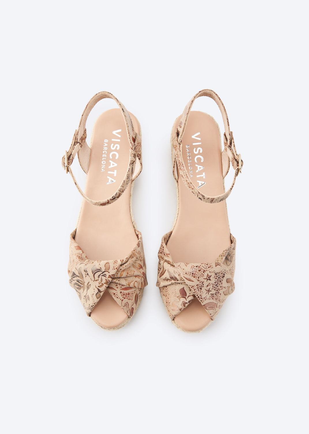 Farella Limited Edition Floral Jacquard Copper Print Canvas Ankle Strap Woman Knotted Open Toe Espadrille Low Wedges