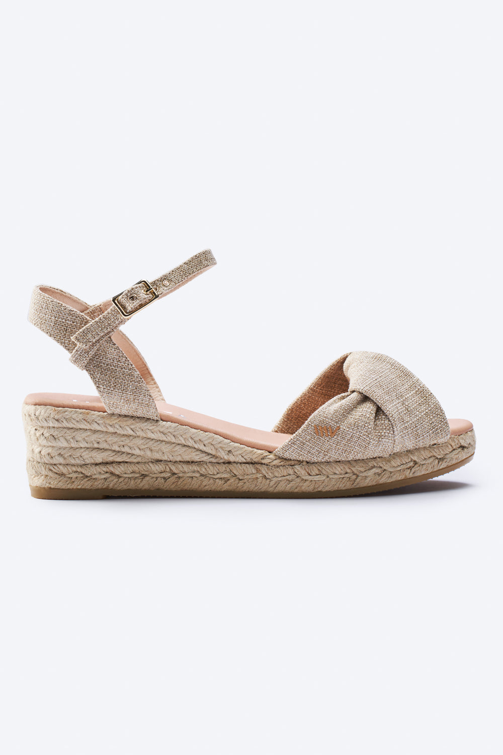 Farella Limited Edition Gold Canvas Ankle Strap Woman Knotted Open Toe Espadrille Low Wedge
